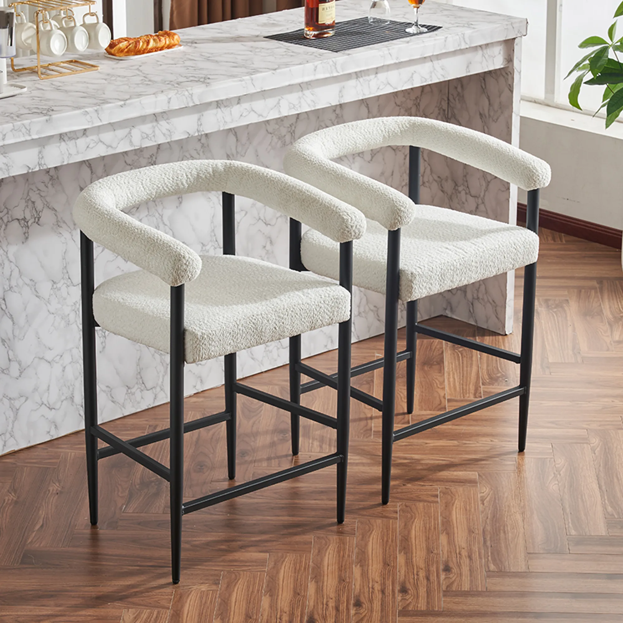 Modern Upholstered Boucle Fabric Counter Height Bar Stools