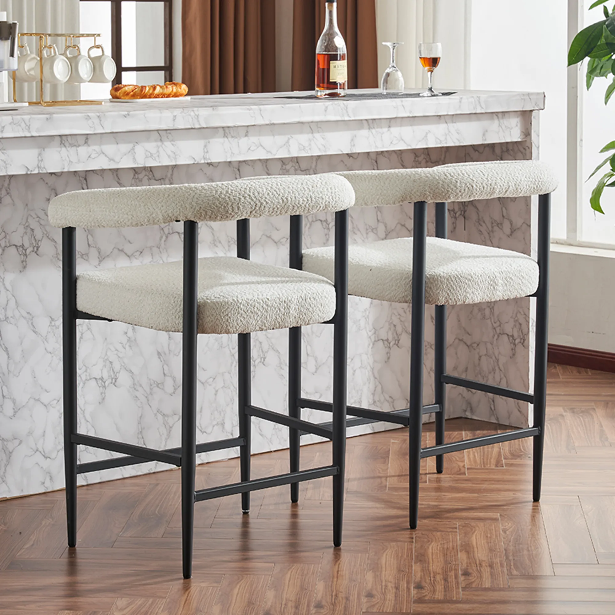 Modern Upholstered Boucle Fabric Counter Height Bar Stools