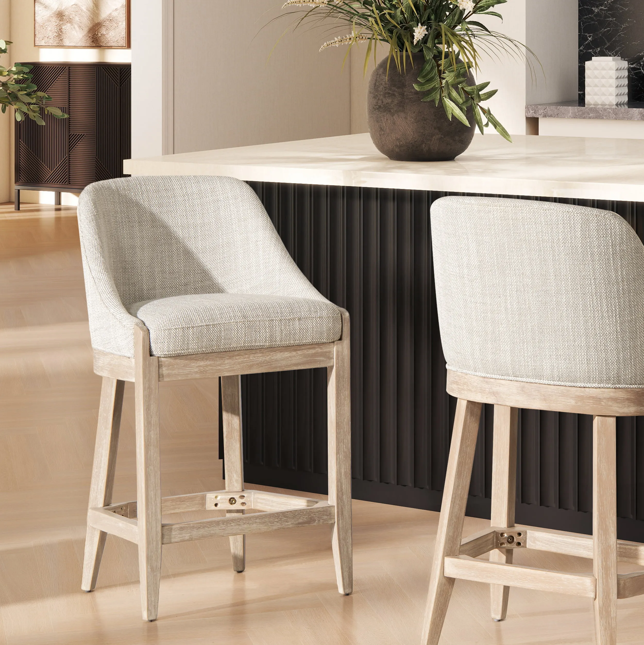 Modern Coastal Wooden Upholstered Counter Height Bar Stool