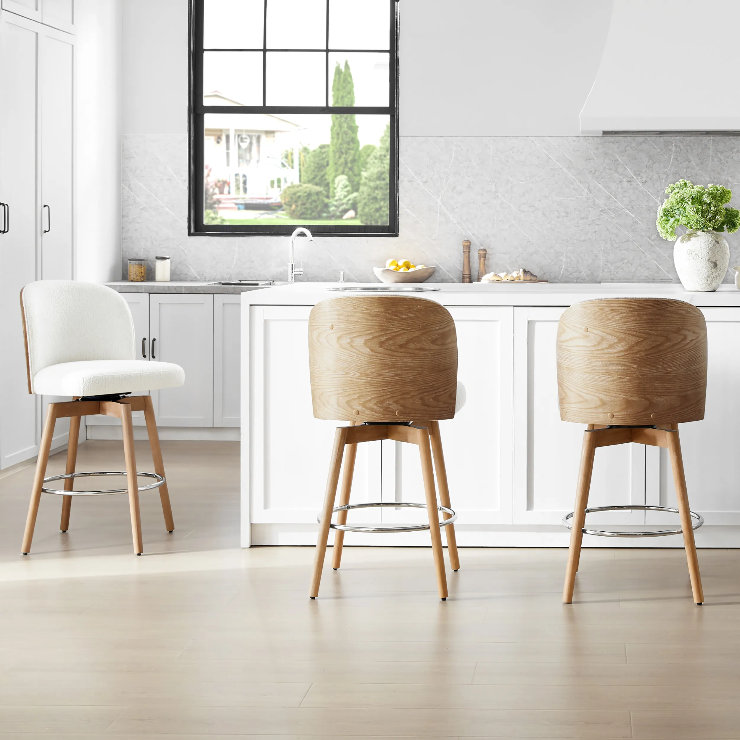 Modern Upholstered Swivel Solid Wood Counter Stools