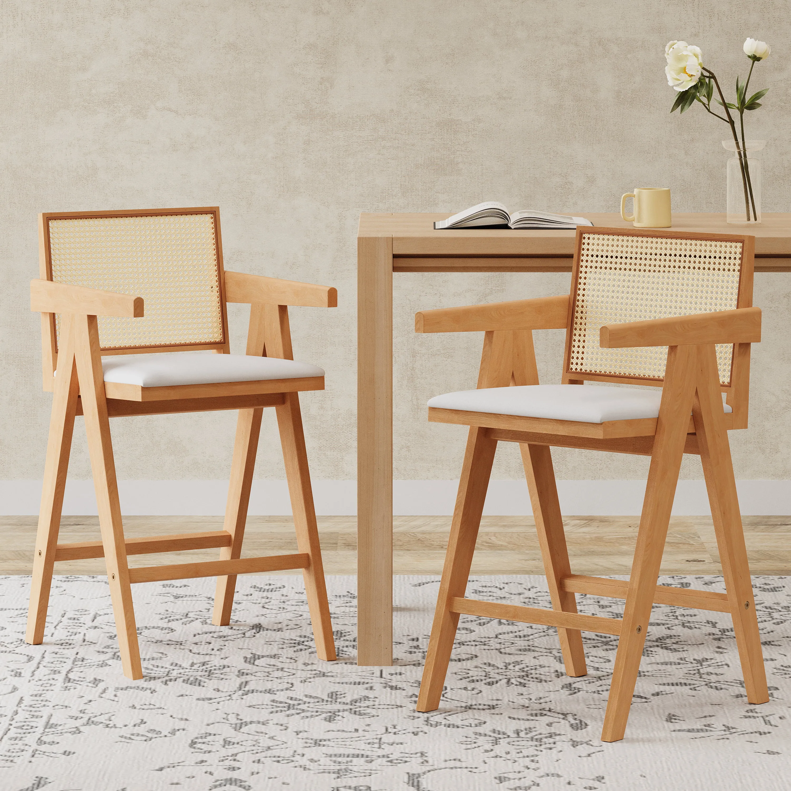 Farmhouse Solid Wood Rattan Counter Stools Farmhouse Solid Wood Rattan Counter Stools
