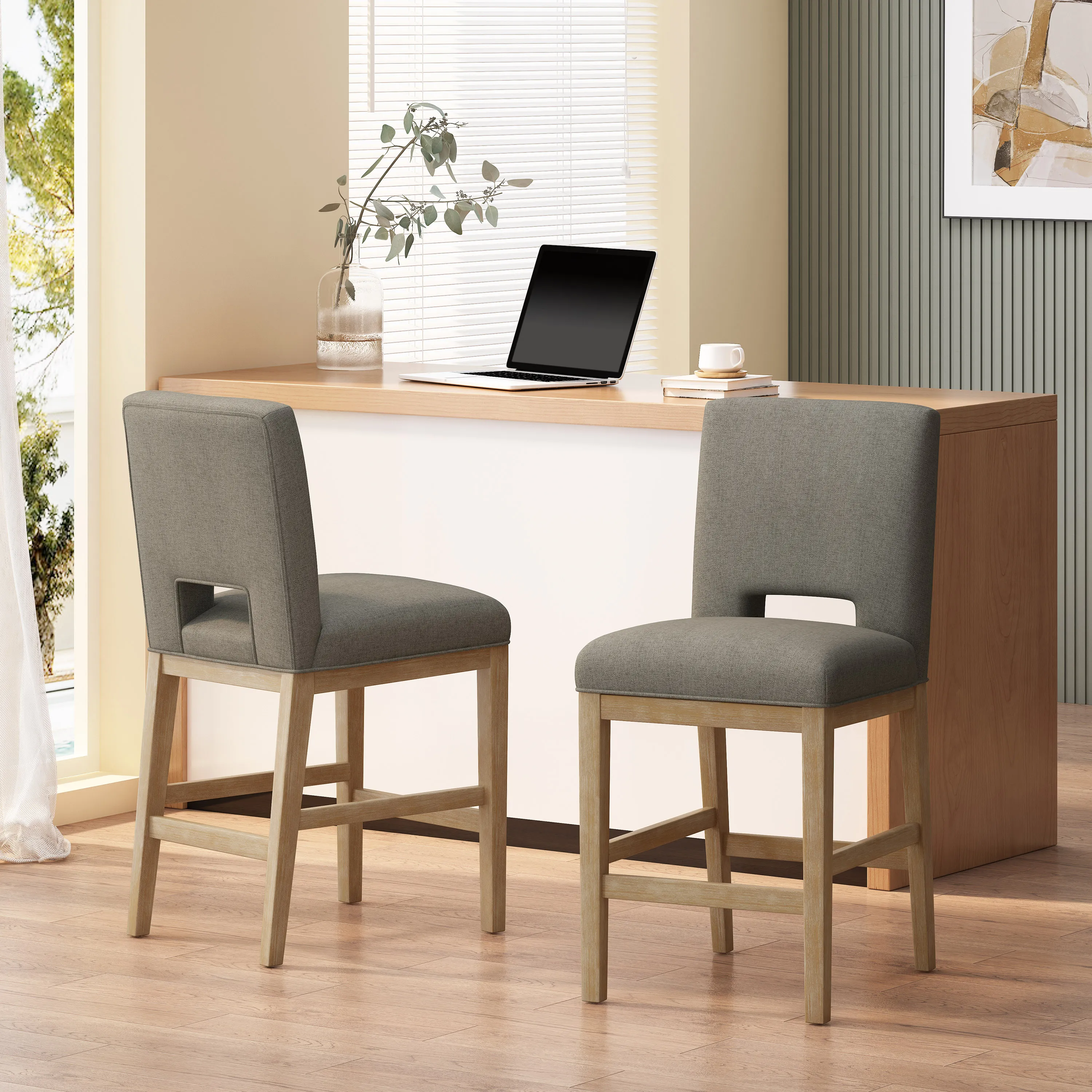 Mid-Century Modern Upholstered Solid Wood Counter Stools Mid-Century Modern Upholstered Solid Wood Counter Stools