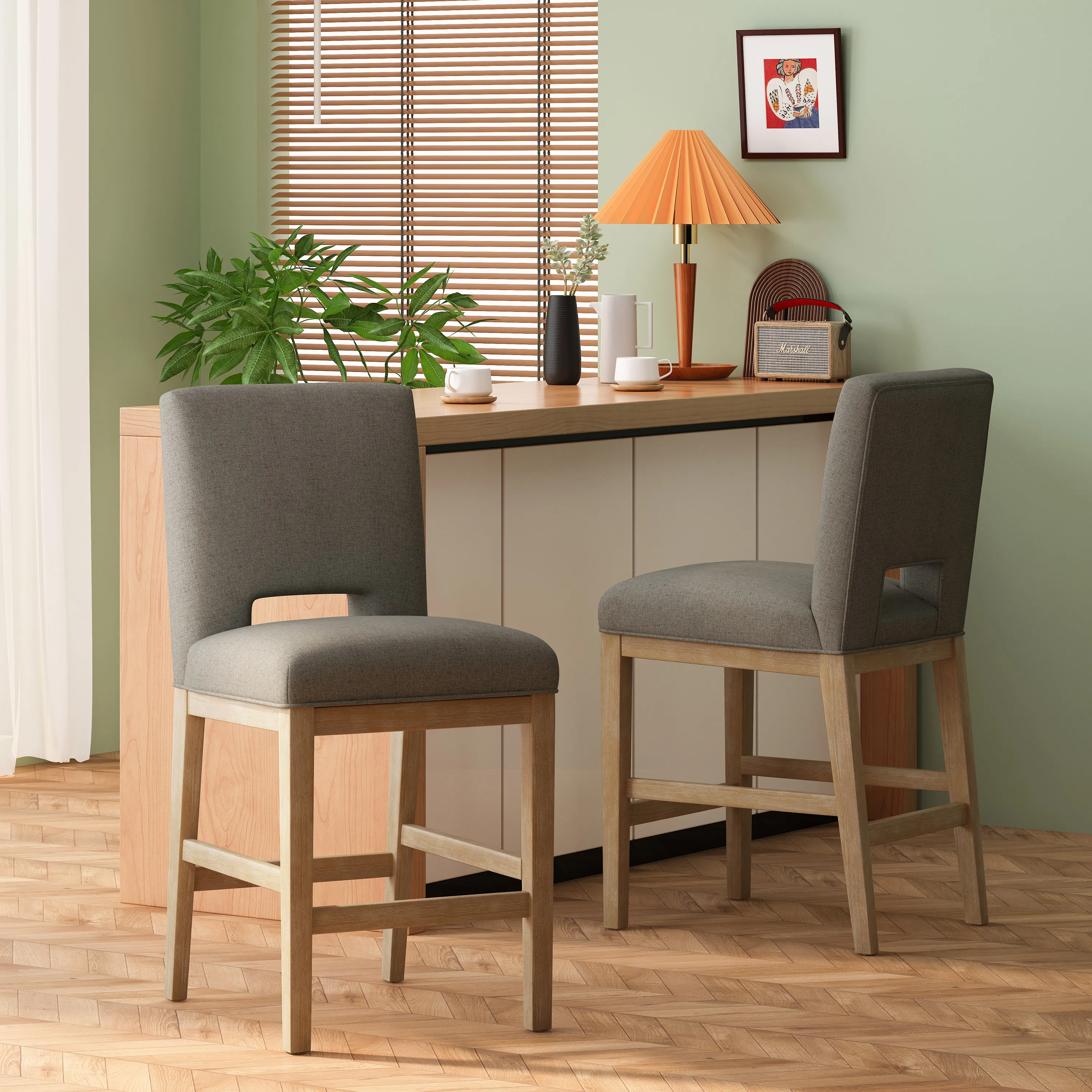 Mid-Century Modern Upholstered Solid Wood Counter Stools Mid-Century Modern Upholstered Solid Wood Counter Stools