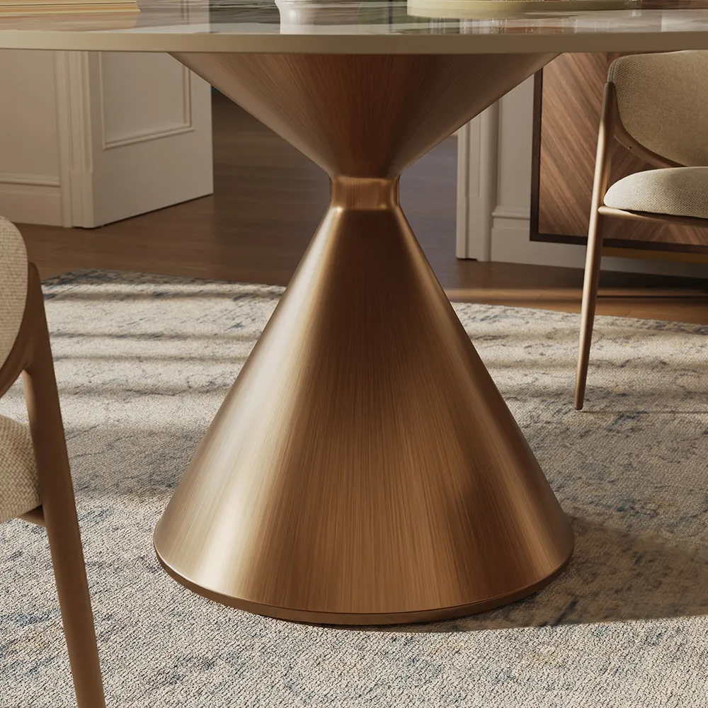 Glossy White Sintered Stone table with a brushed bronze conical base
