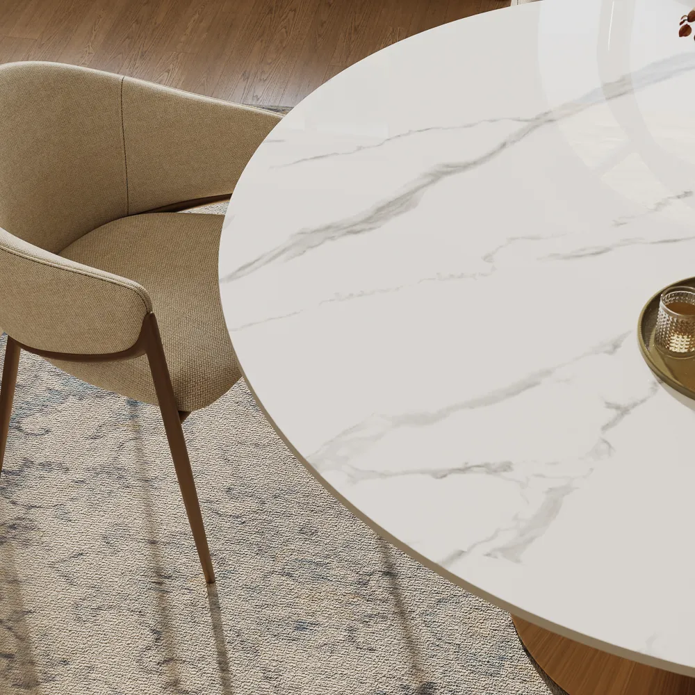 Glossy White Sintered Stone table with a brushed bronze conical base Glossy White Sintered Stone table with a brushed bronze conical base