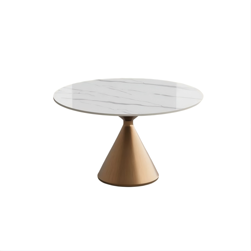 Glossy White Sintered Stone table with a brushed bronze conical base