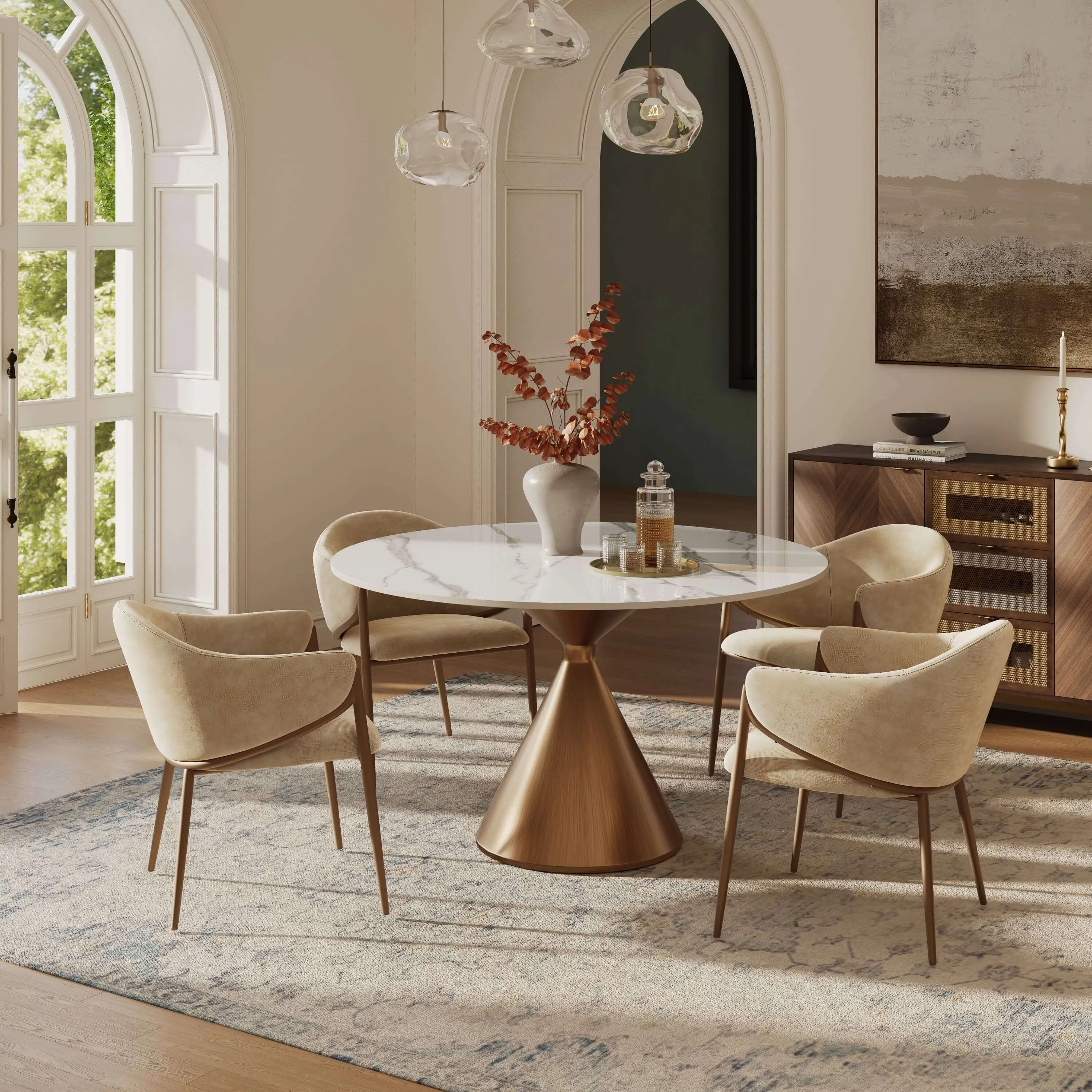 Glossy White Sintered Stone table with a brushed bronze conical base Glossy White Sintered Stone table with a brushed bronze conical base