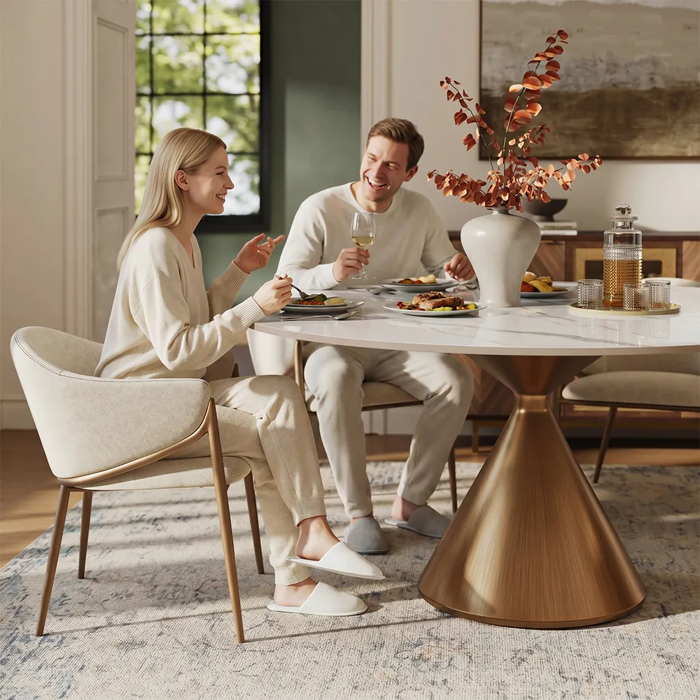 Glossy White Sintered Stone table with a brushed bronze conical base Glossy White Sintered Stone table with a brushed bronze conical base