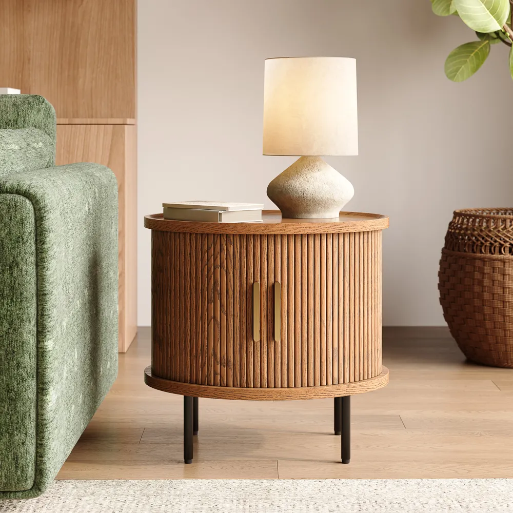 Mid-Century Tambour Door Side Table with Storage Mid-Century Tambour Door Side Table with Storage