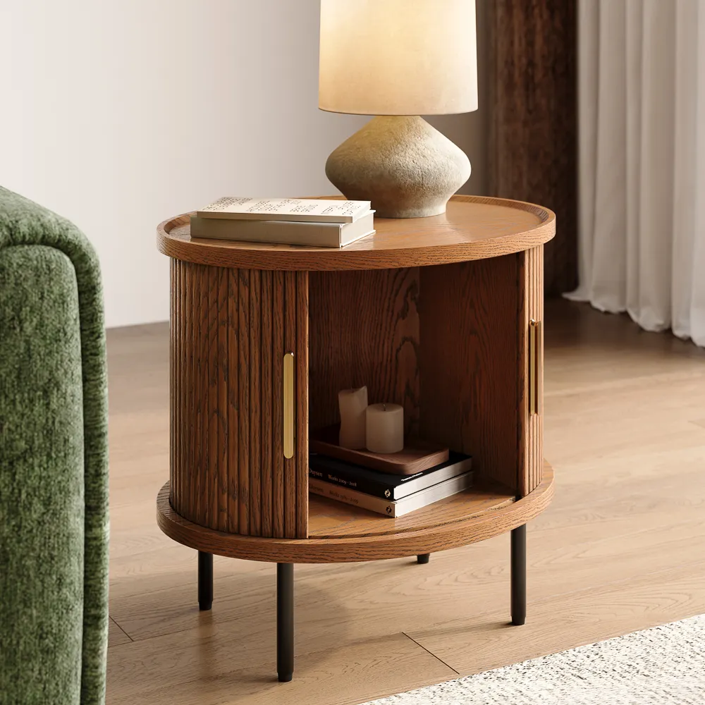 Mid-Century Tambour Door Side Table with Storage Mid-Century Tambour Door Side Table with Storage