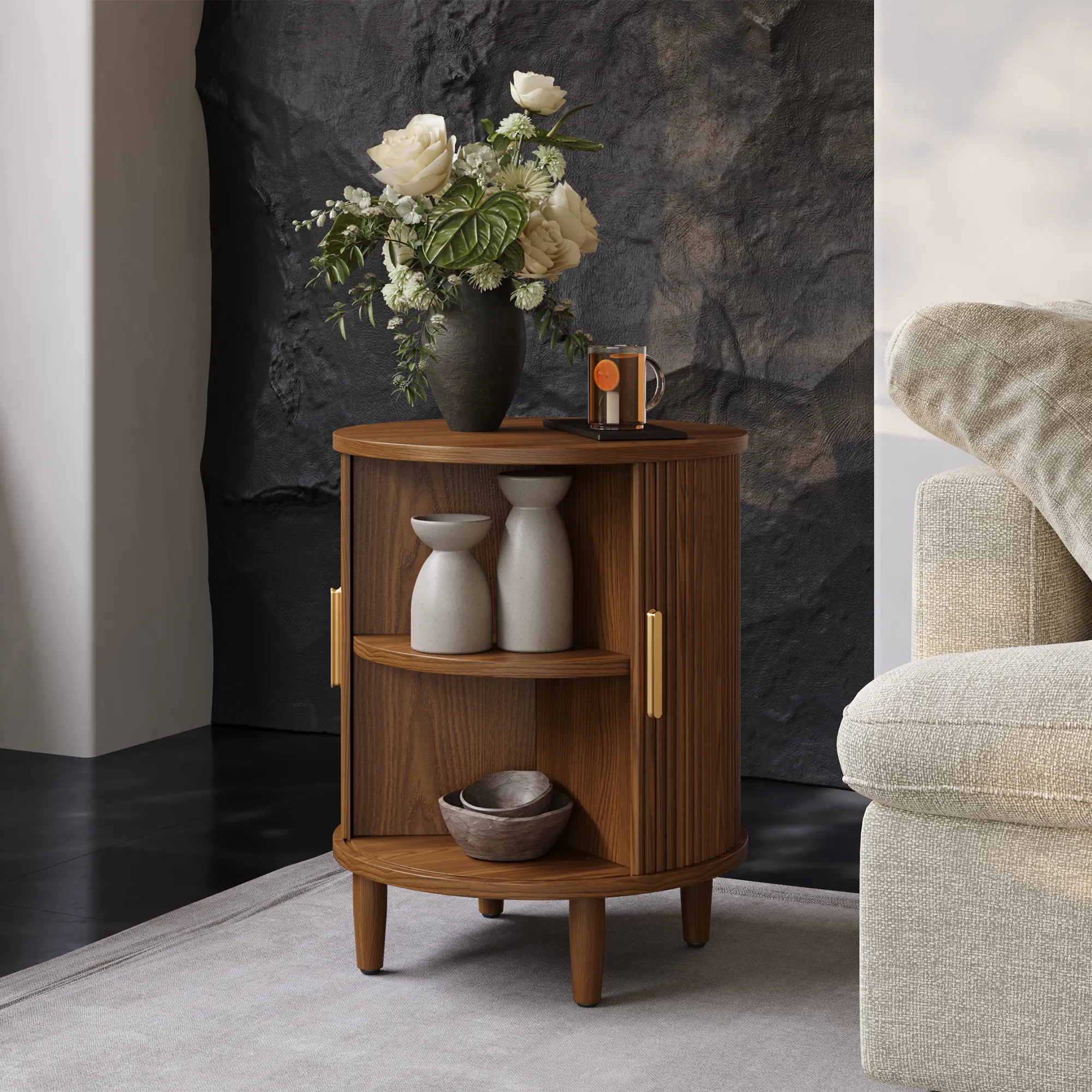 Modern Mid-Century Round Walnut Color Side Table Modern Mid-Century Round Walnut Color Side Table
