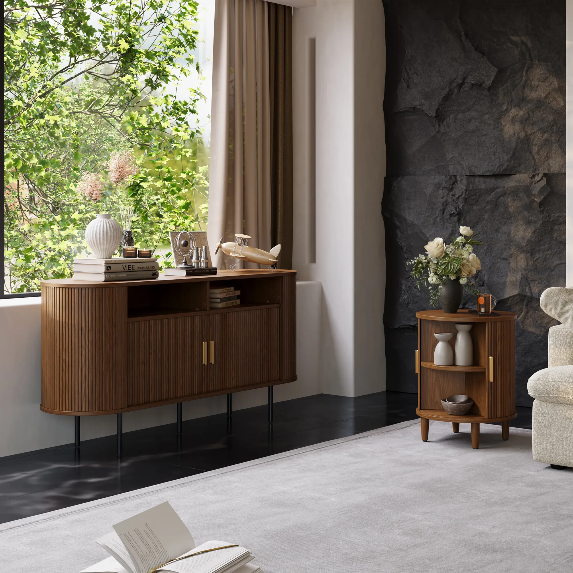 Modern Mid-Century Round Walnut Color Side Table Modern Mid-Century Round Walnut Color Side Table