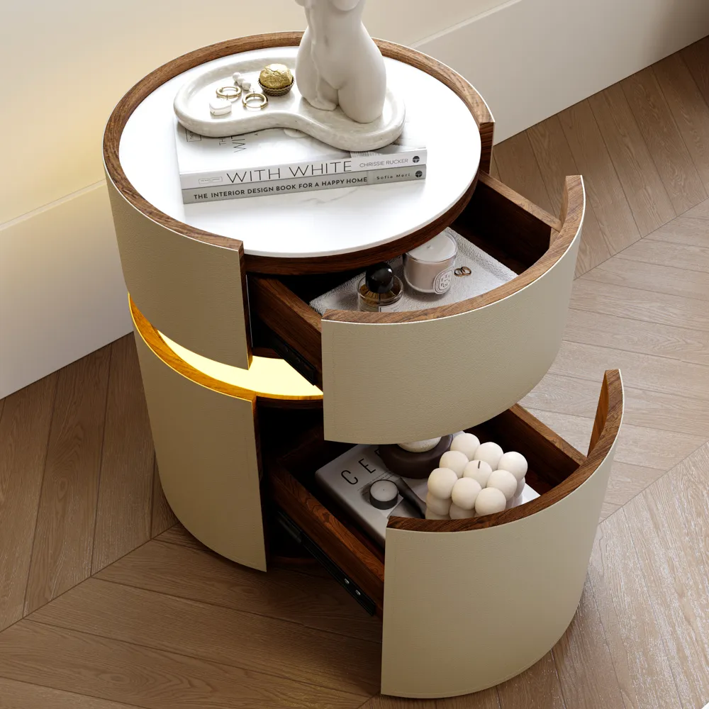 Modern Round LED Side Table with Drawers