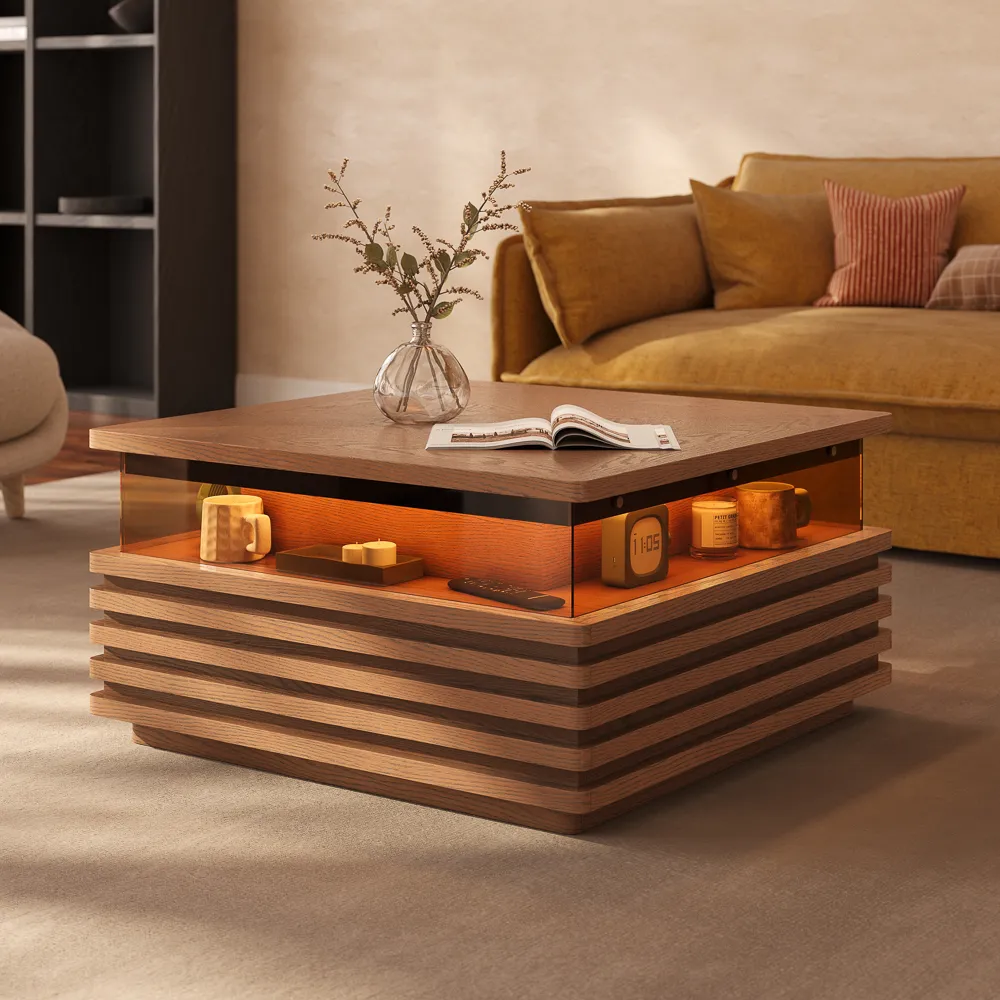 Square Horizontal Slatted Coffee Table with LED Lights Square Horizontal Slatted Coffee Table with LED Lights