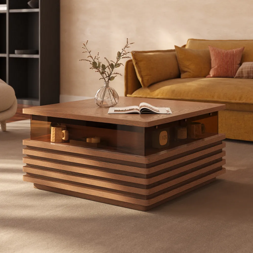 Square Horizontal Slatted Coffee Table with LED Lights Square Horizontal Slatted Coffee Table with LED Lights