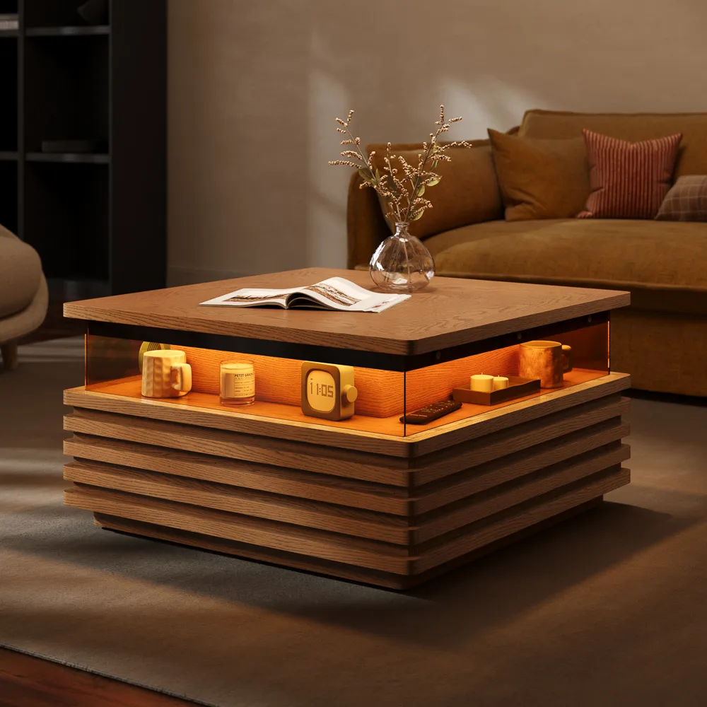 Square Horizontal Slatted Coffee Table with LED Lights Square Horizontal Slatted Coffee Table with LED Lights
