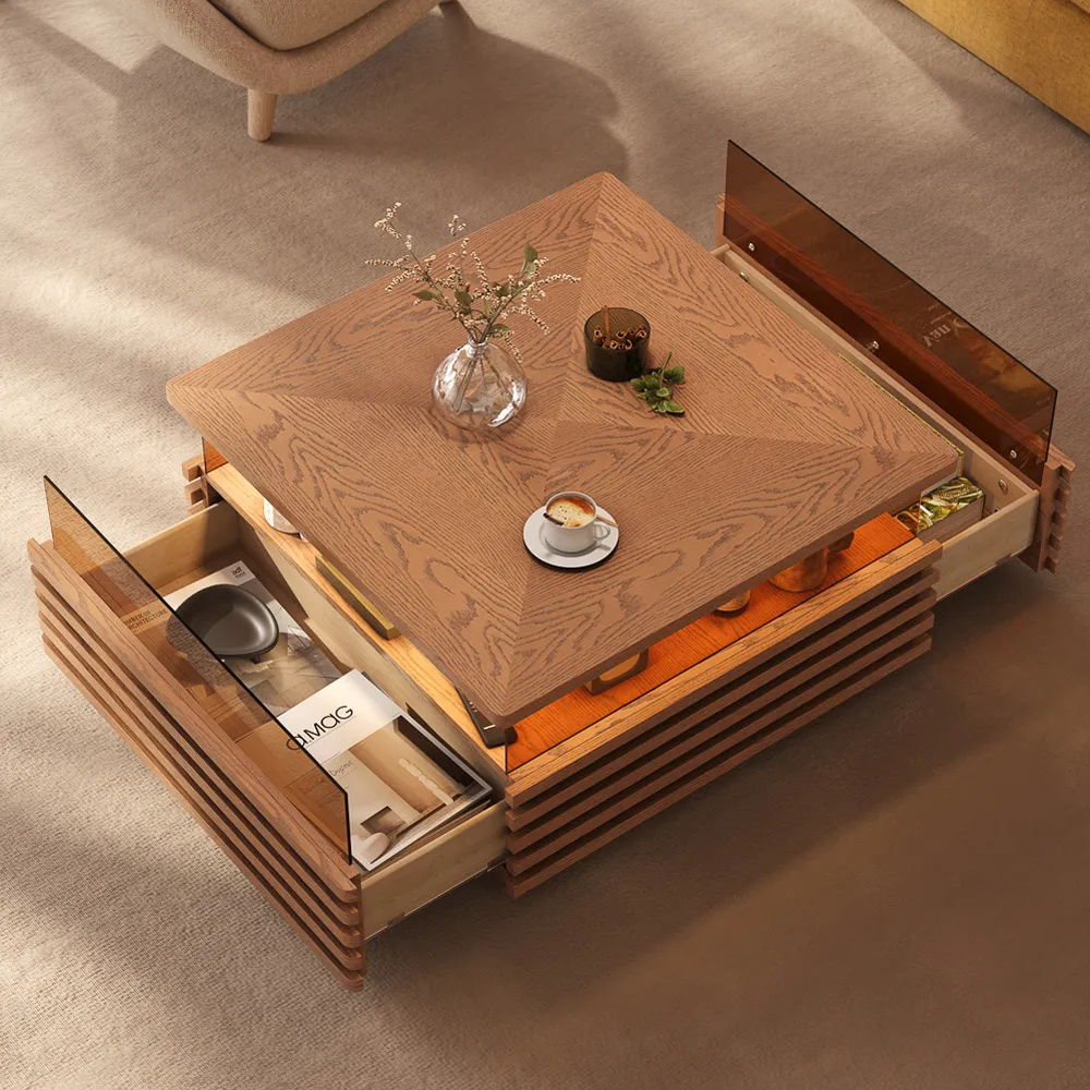 Square Horizontal Slatted Coffee Table with LED Lights Square Horizontal Slatted Coffee Table with LED Lights