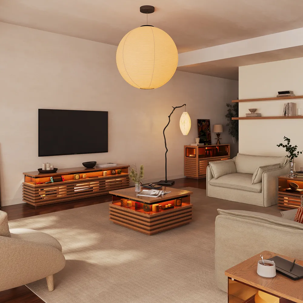 Square Horizontal Slatted Coffee Table with LED Lights Square Horizontal Slatted Coffee Table with LED Lights
