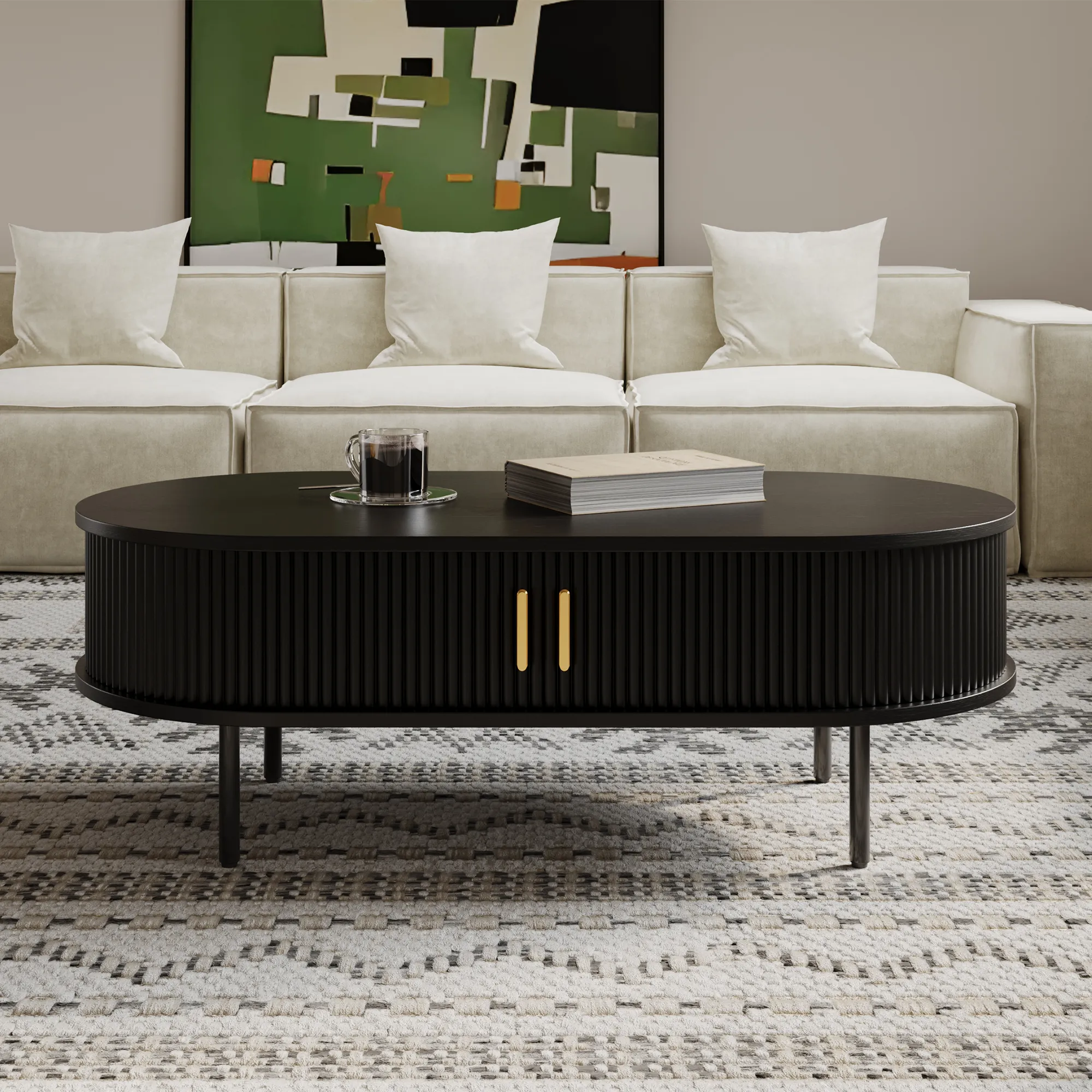 Oval Wood Fluted Coffee Table with Storage