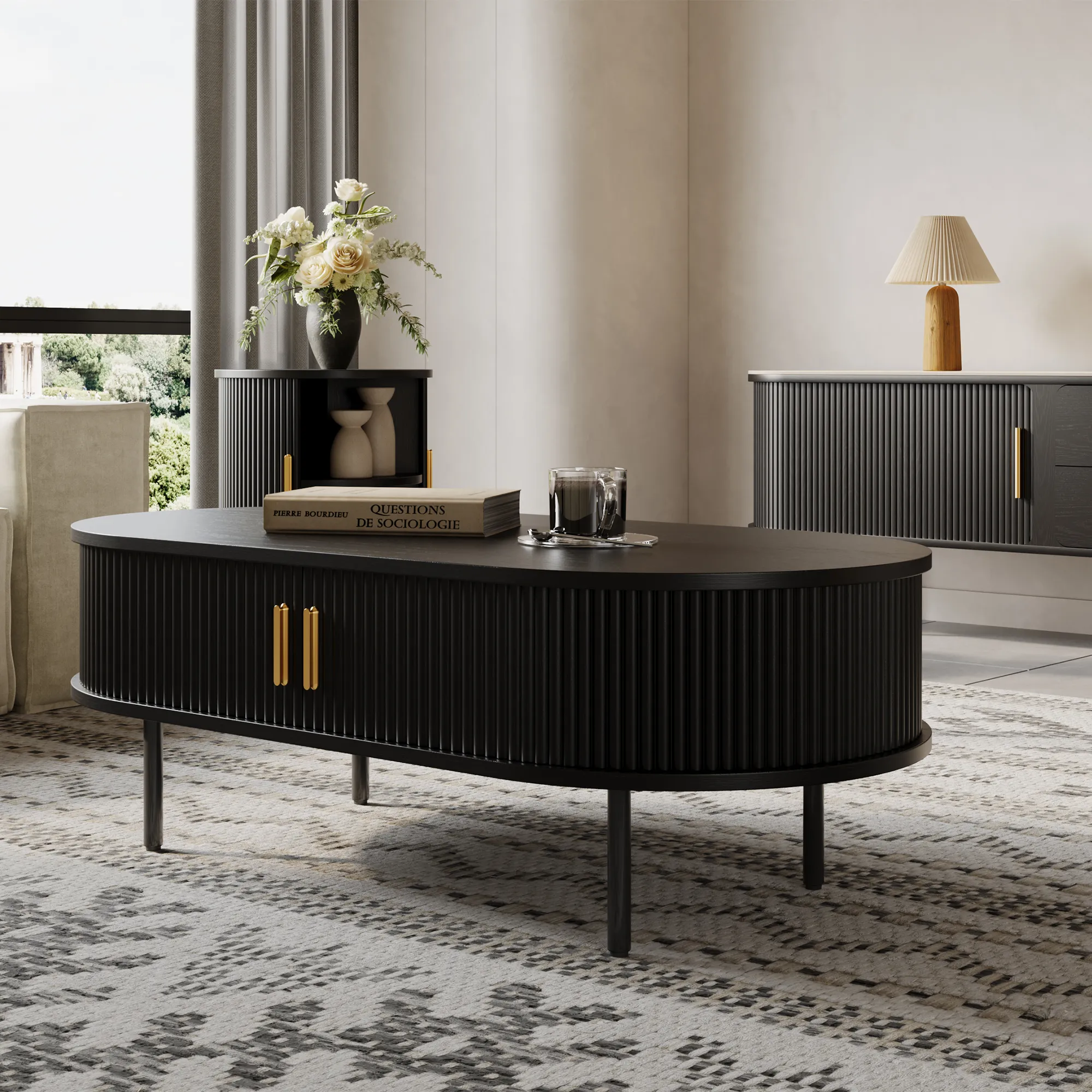 Oval Wood Fluted Coffee Table with Storage