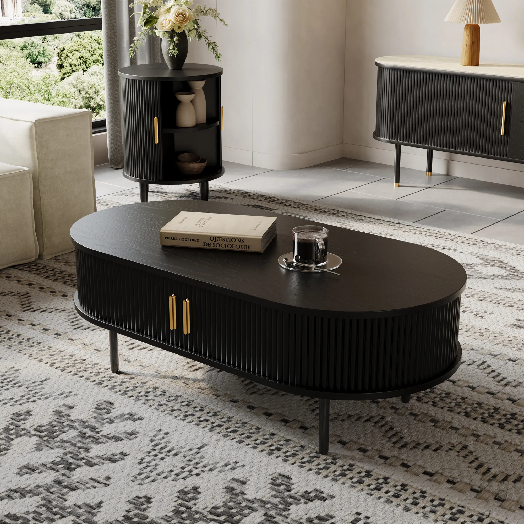 Oval Wood Fluted Coffee Table with Storage
