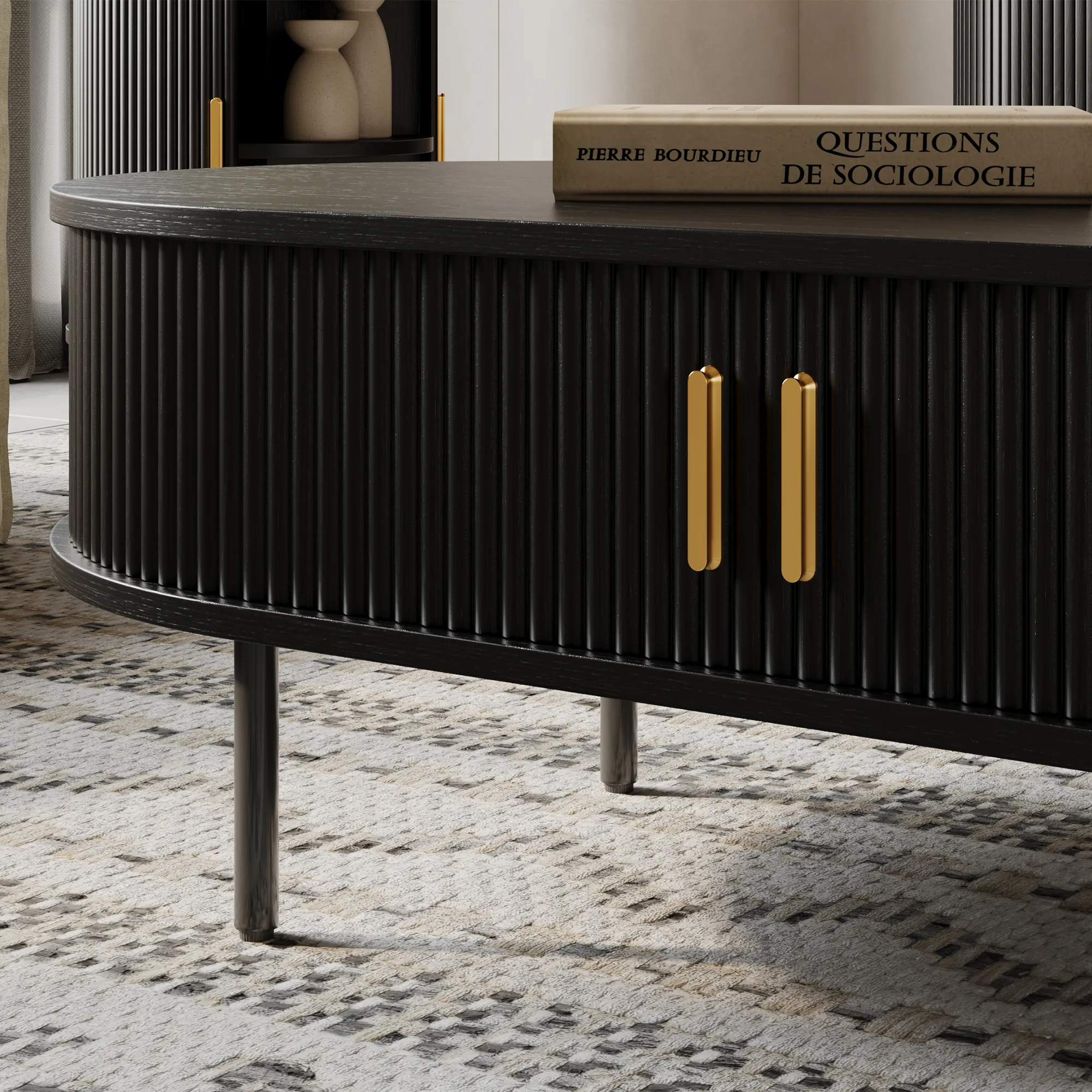 Oval Wood Fluted Coffee Table with Storage