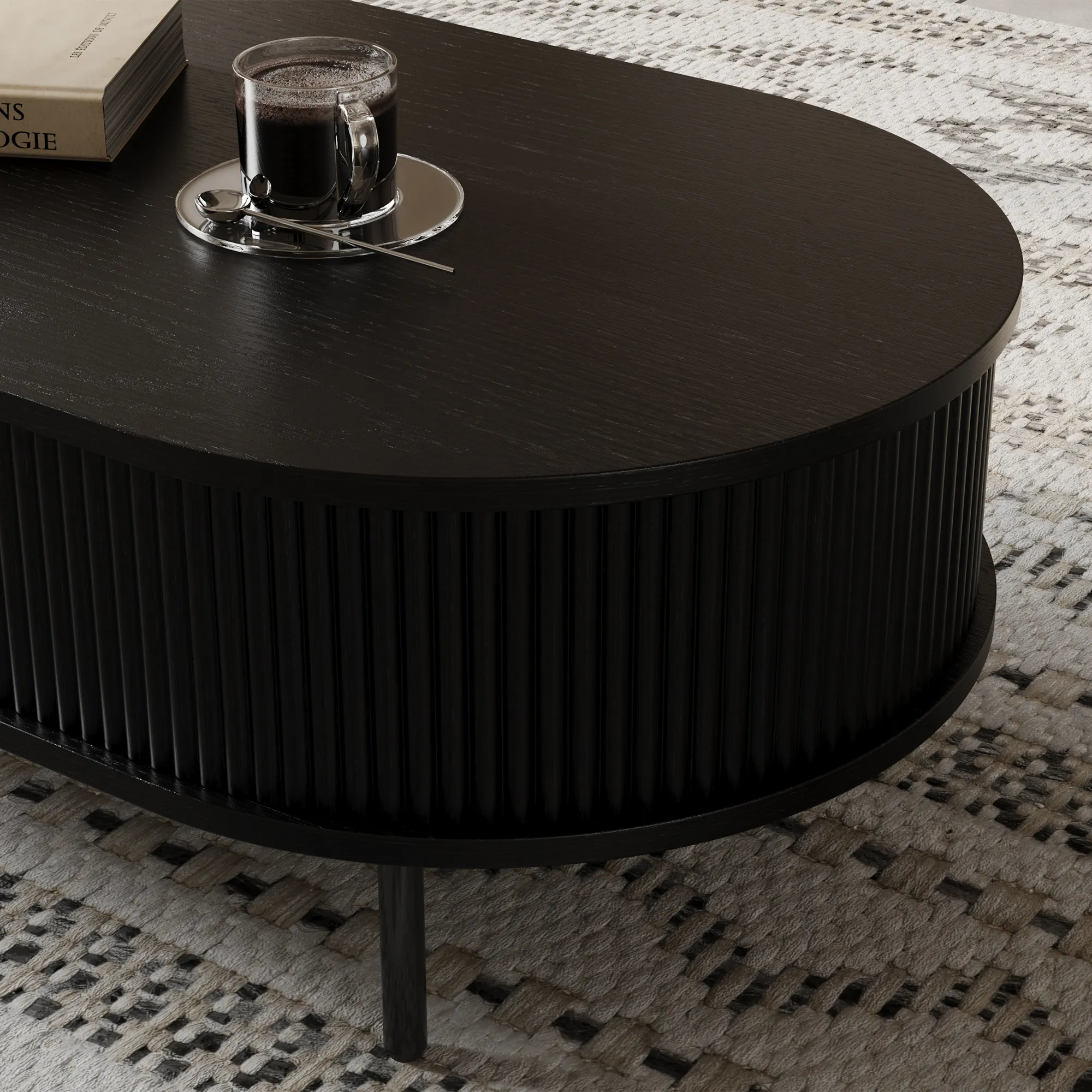 Oval Wood Fluted Coffee Table with Storage