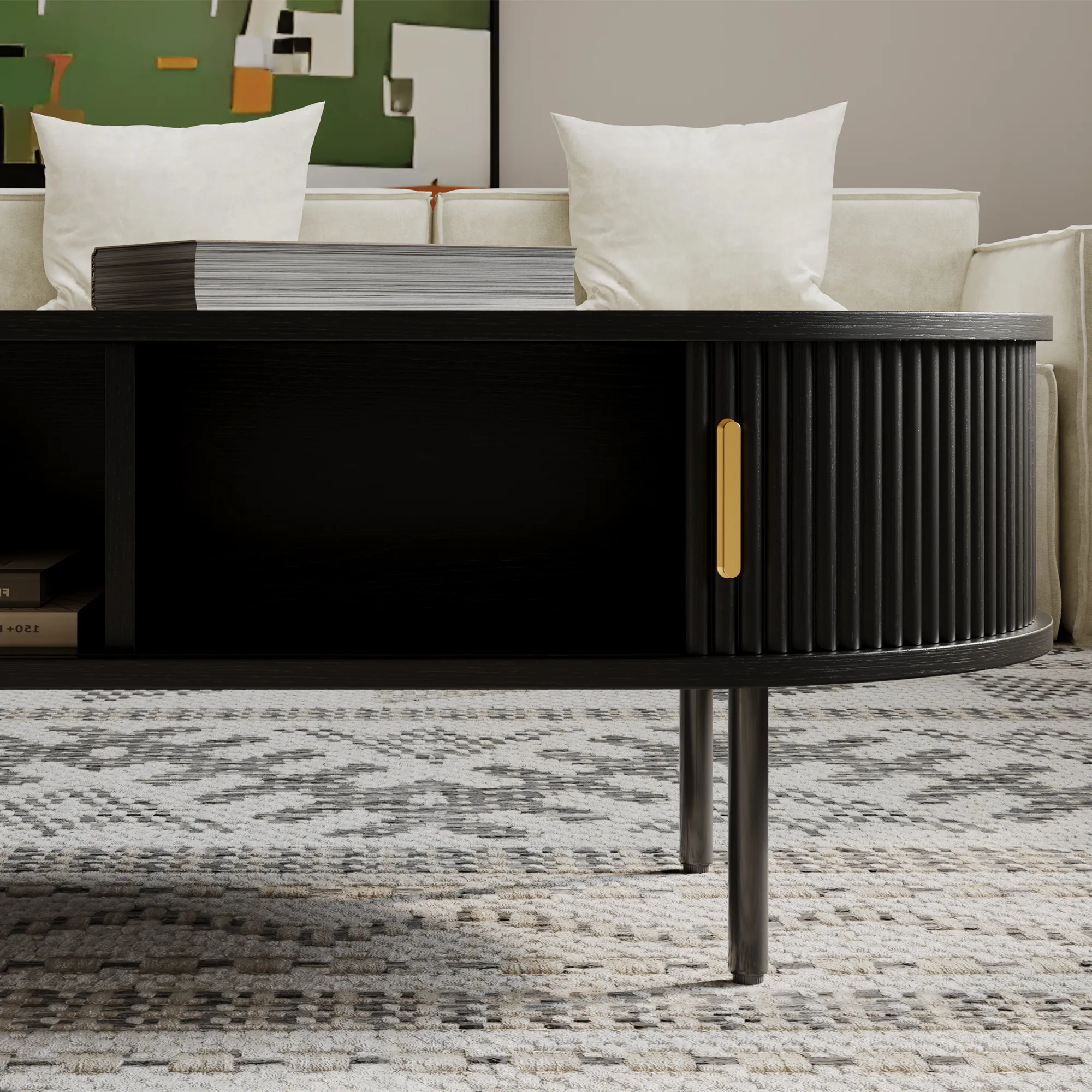 Oval Wood Fluted Coffee Table with Storage