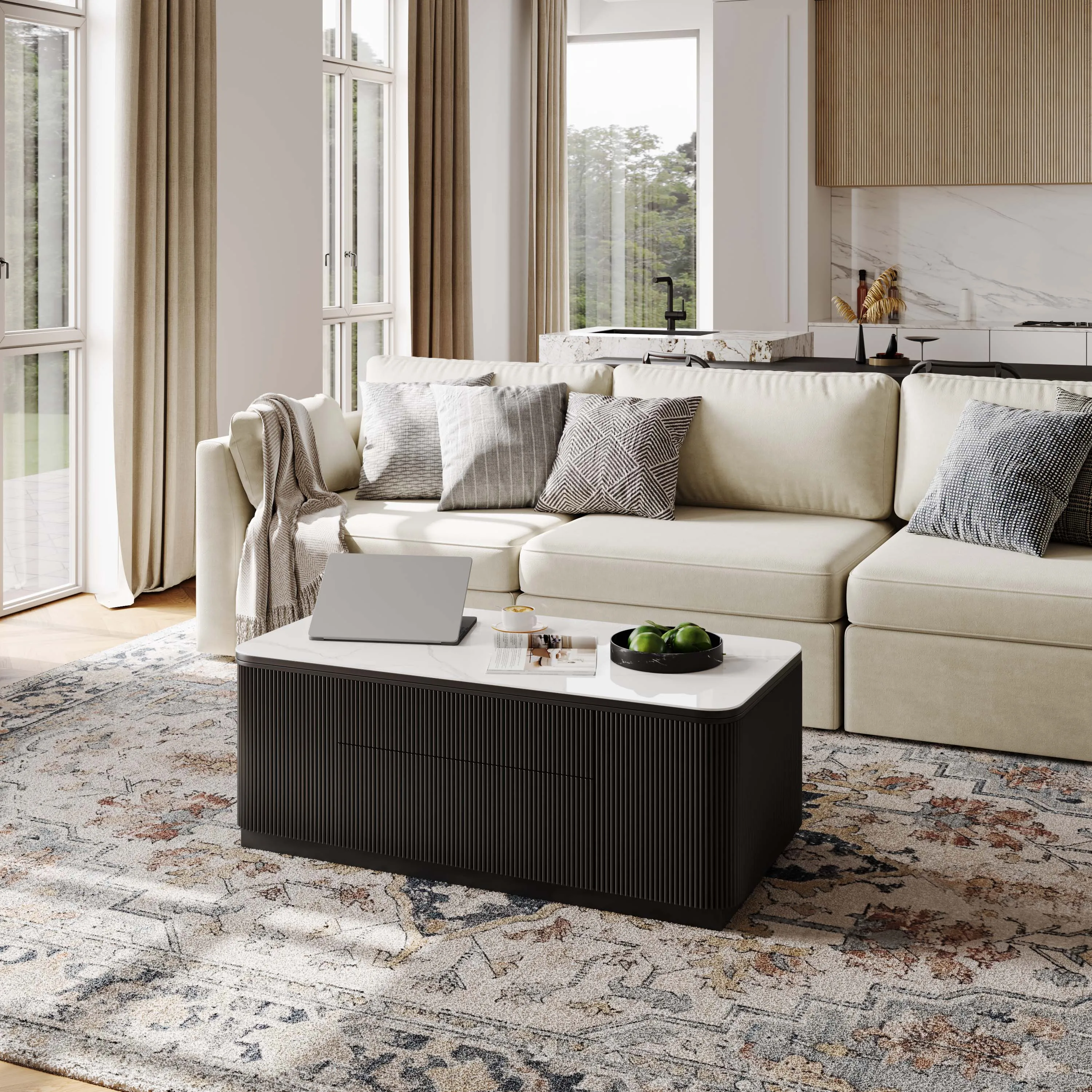 Lifting Top Rectangular Fluted Coffee Table