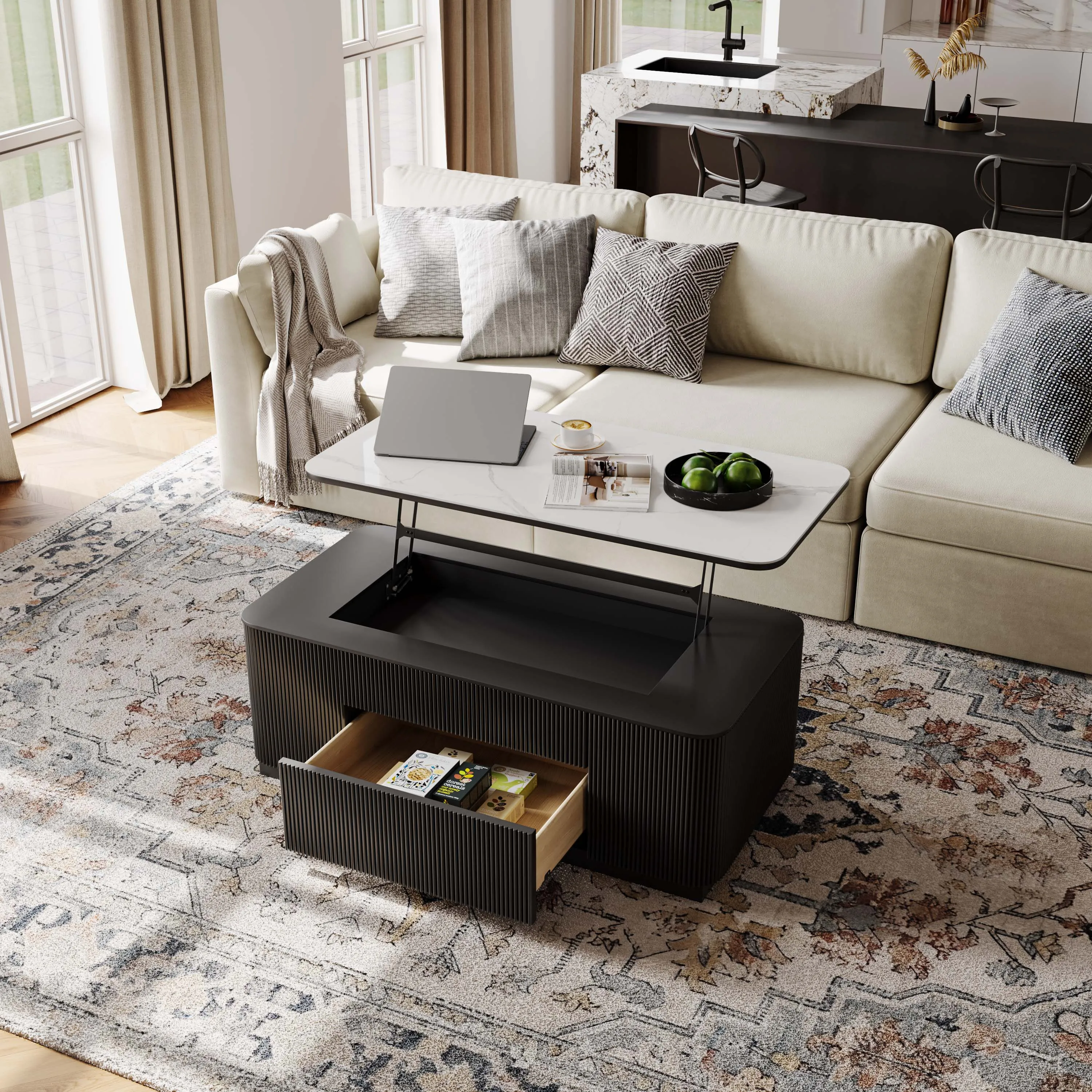 Lifting Top Rectangular Fluted Coffee Table