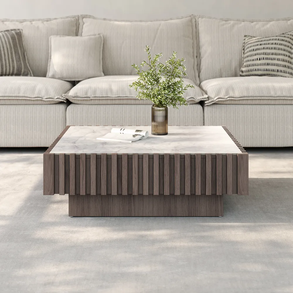 Mid-Century Modern Square Coffee Table with Slatted Design Mid-Century Modern Square Coffee Table with Slatted Design