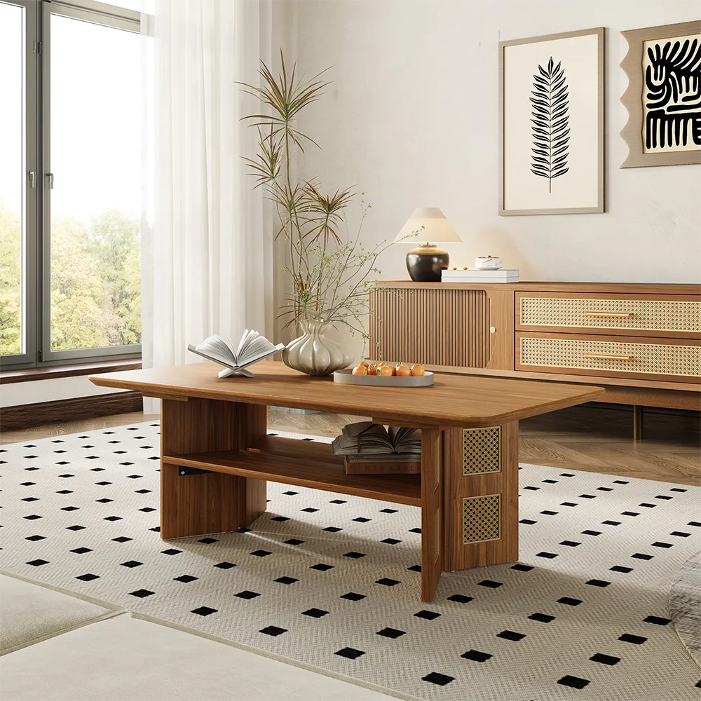 Mid-Century Modern Ratten Walnut Color Coffee Table with Storage