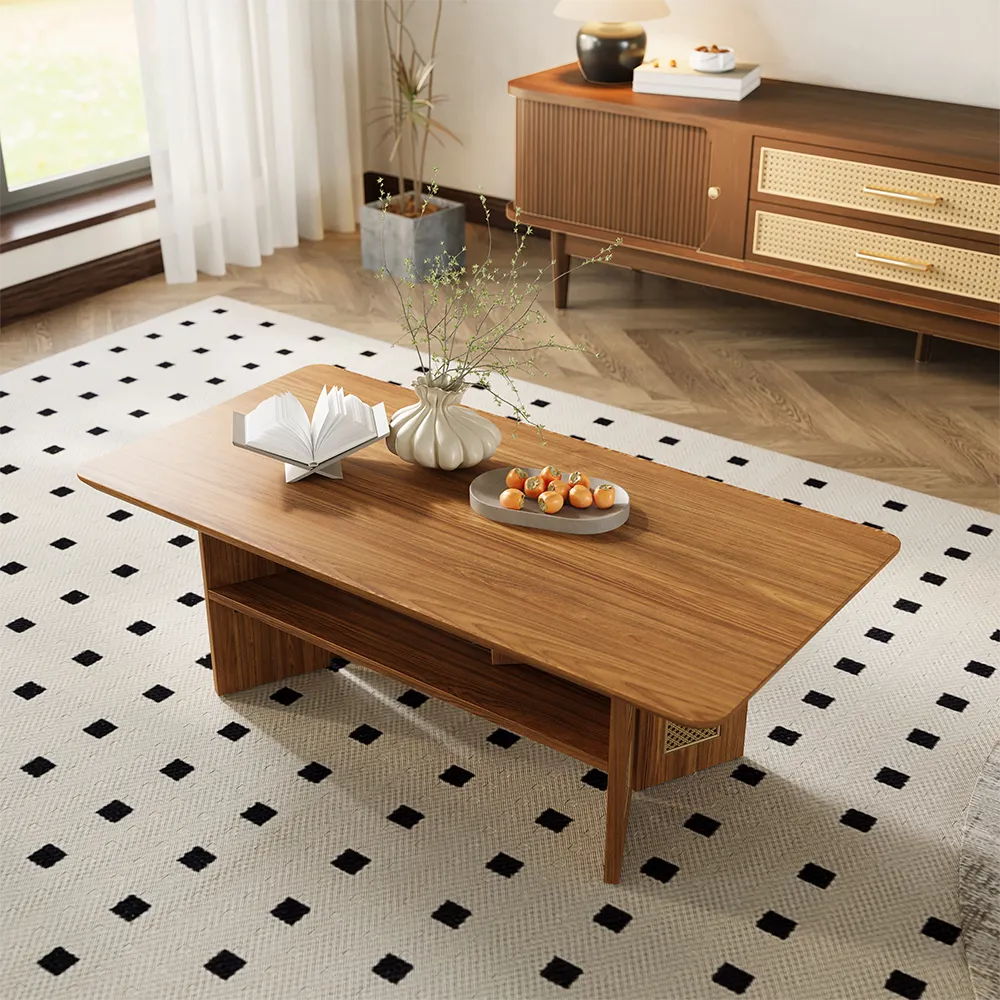 Mid-Century Modern Ratten Walnut Color Coffee Table with Storage