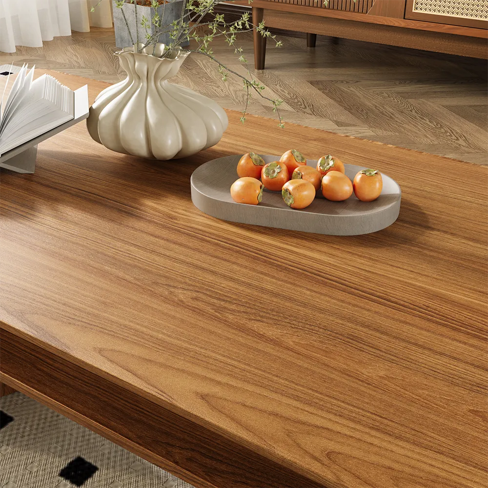 Mid-Century Modern Ratten Walnut Color Coffee Table with Storage