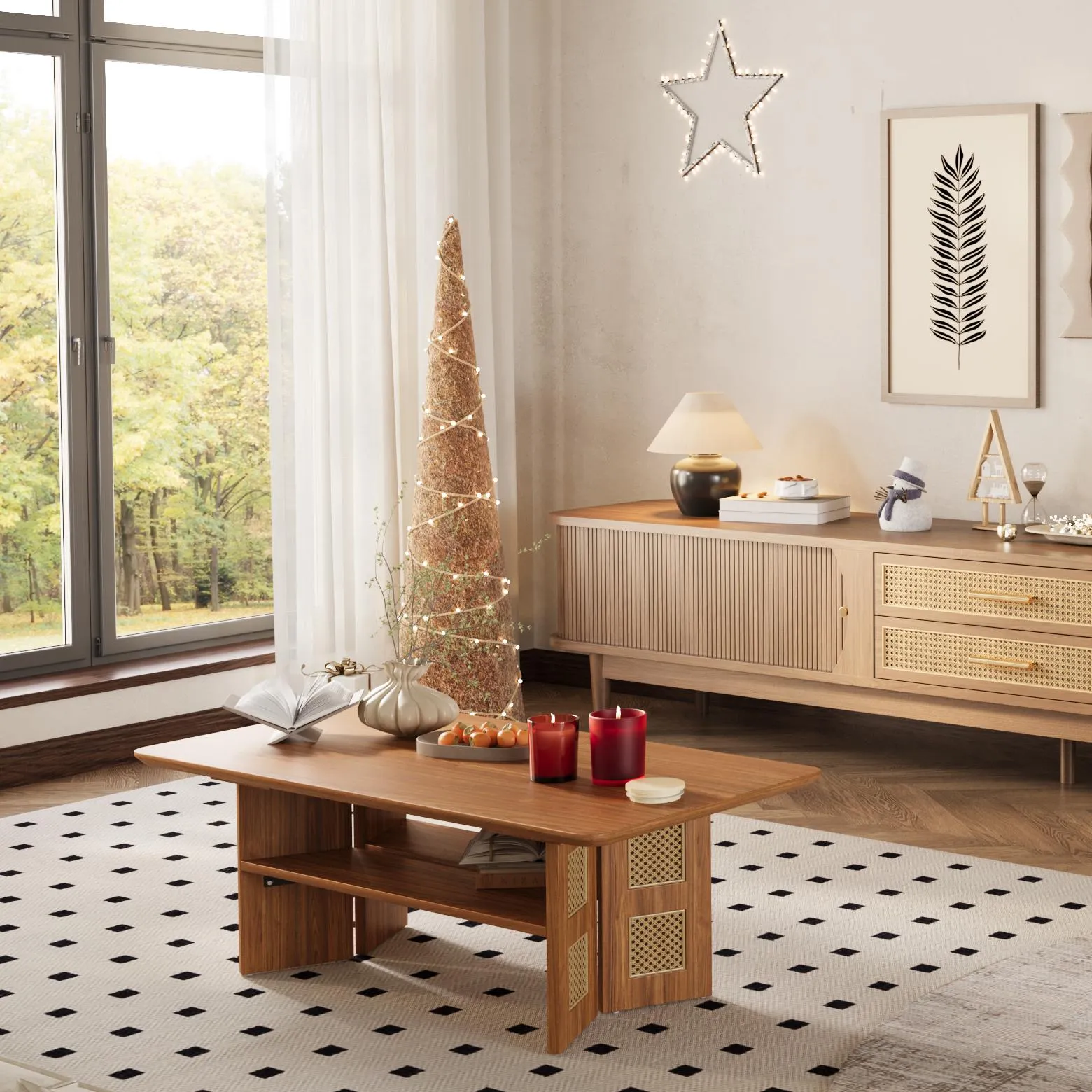 Mid-Century Modern Ratten Walnut Color Coffee Table with Storage
