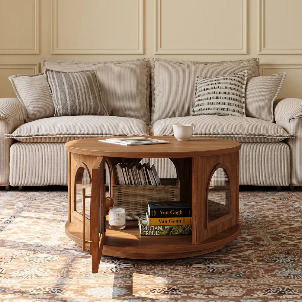 Mid-Century Wooden Round Drum Coffee Table Mid-Century Wooden Round Drum Coffee Table