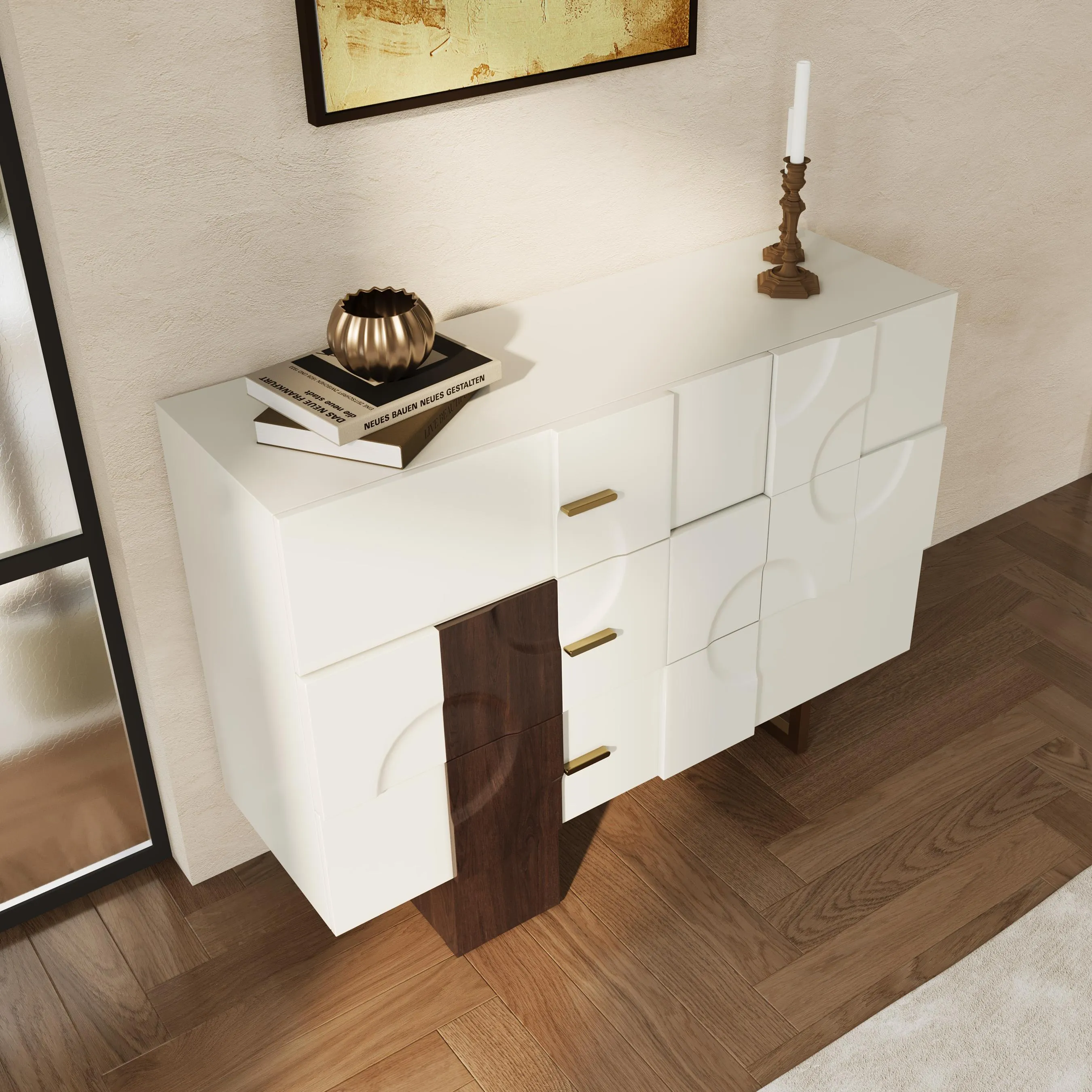 Mid-Century Modern White & Walnut Storage Cabinet