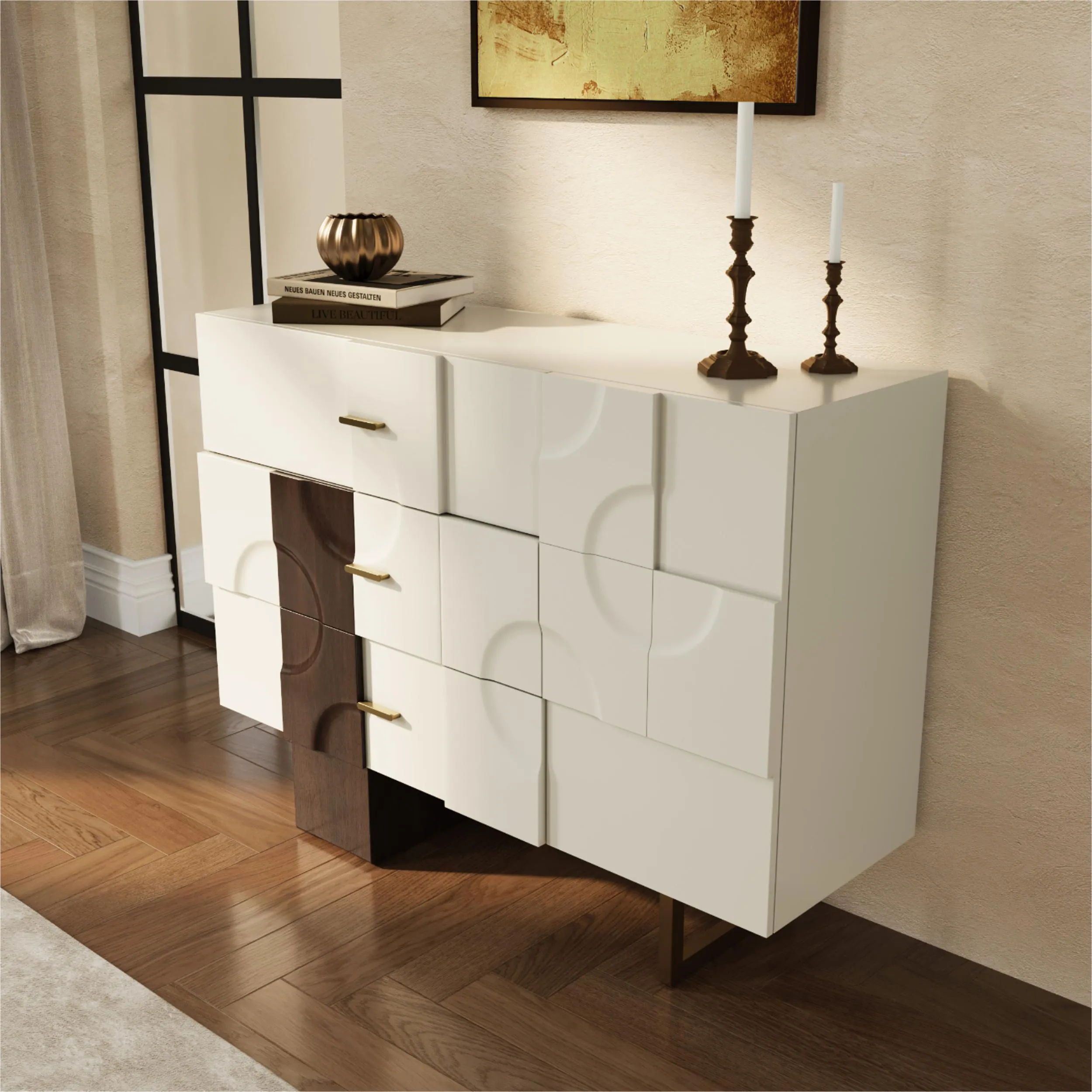 Mid-Century Modern White & Walnut Storage Cabinet