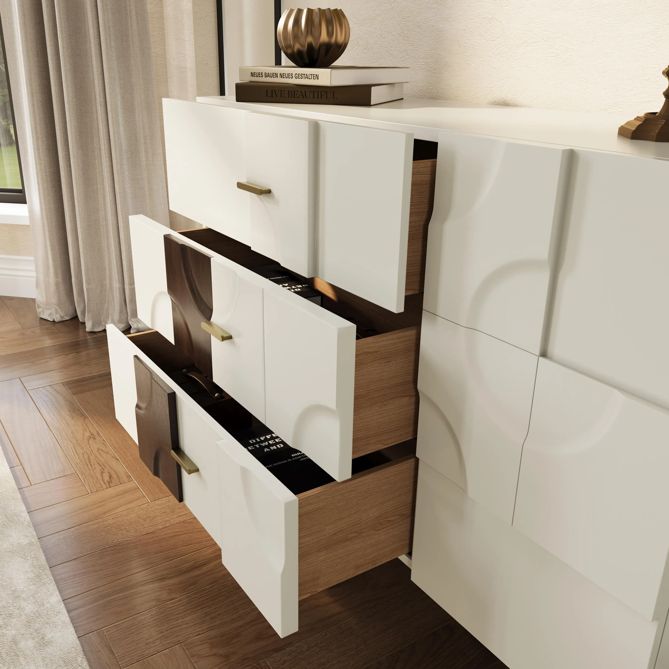 Mid-Century Modern White & Walnut Storage Cabinet