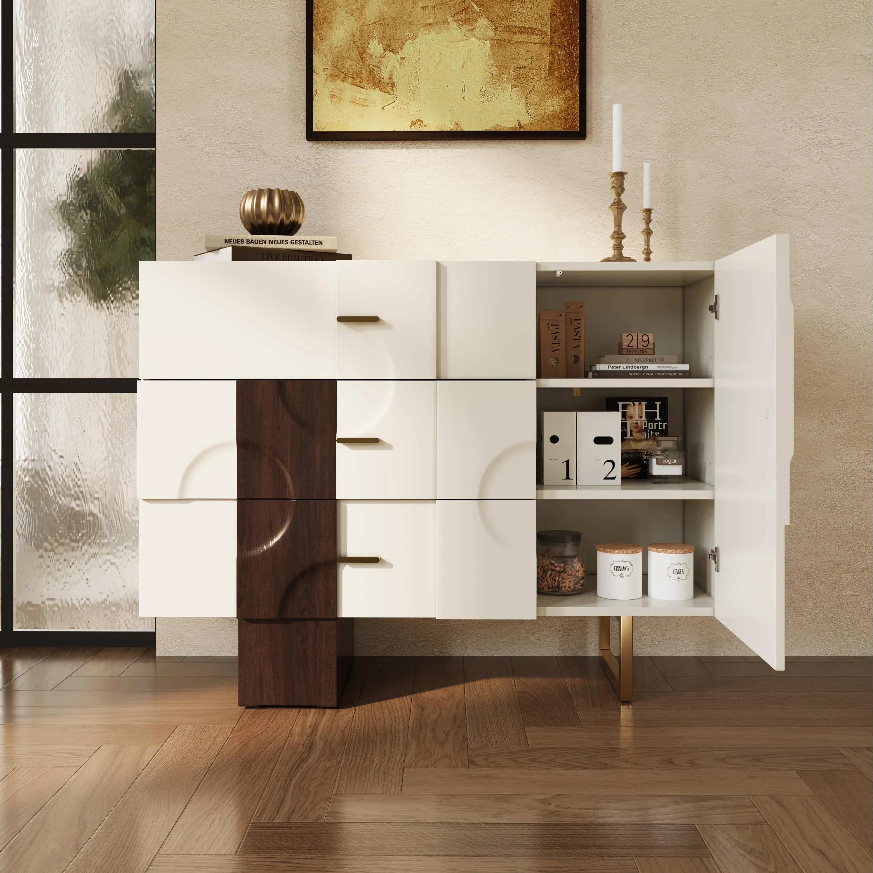 Mid-Century Modern White & Walnut Storage Cabinet