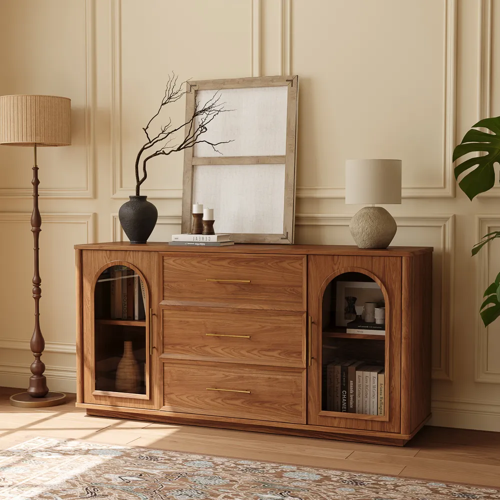 Mid-Century Walnut Storage Credenza with Glass Doors Mid-Century Walnut Storage Credenza with Glass Doors