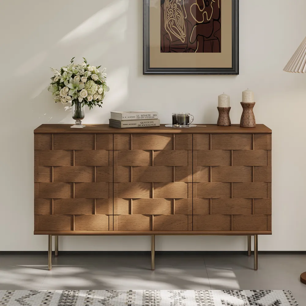 Mid-Century Modern Sideboard Buffet Cabinet with Woven Texture