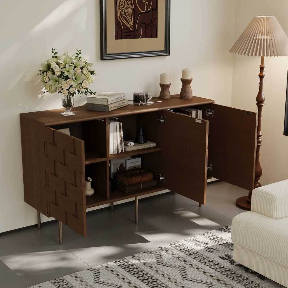 Mid-Century Modern Sideboard Buffet Cabinet with Woven Texture