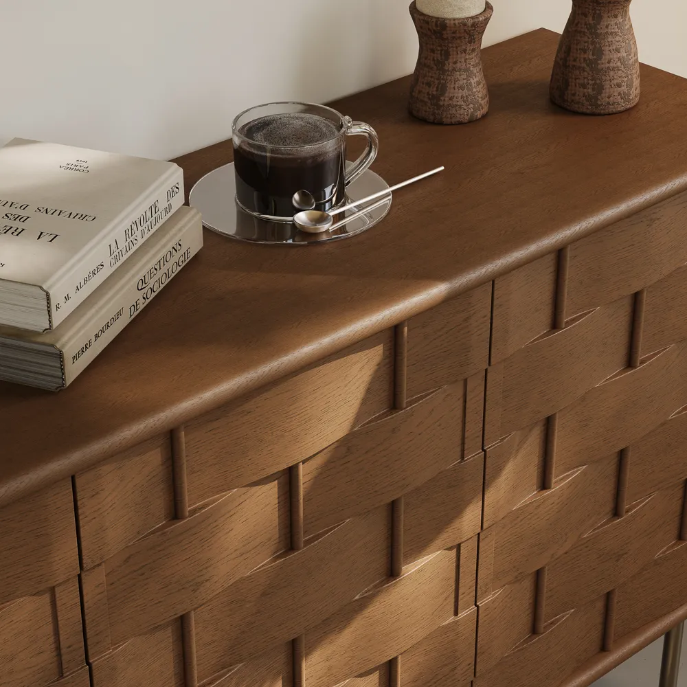 Mid-Century Modern Sideboard Buffet Cabinet with Woven Texture