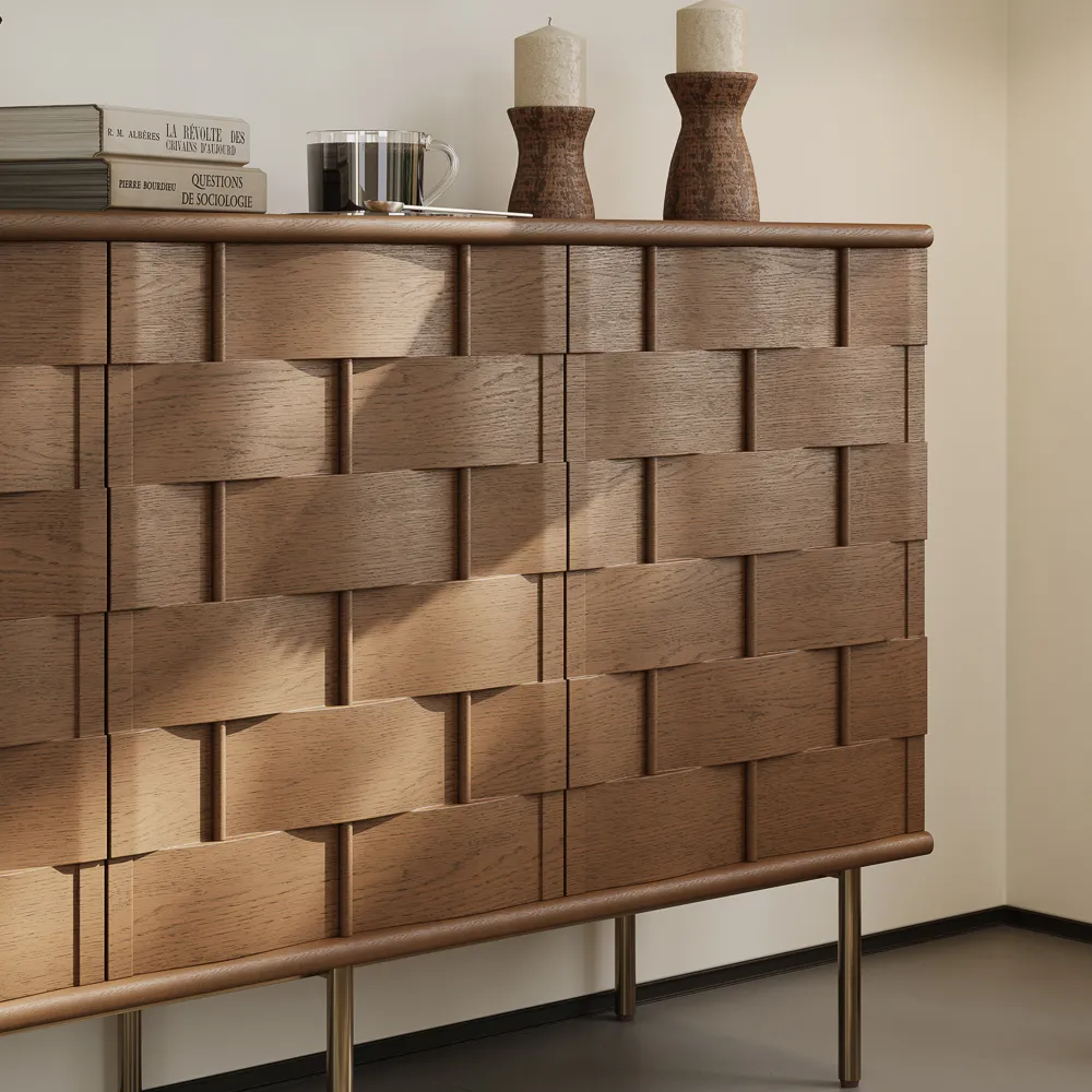 Mid-Century Modern Sideboard Buffet Cabinet with Woven Texture