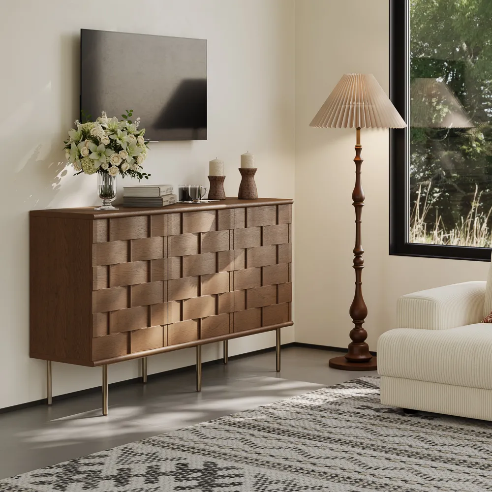 Mid-Century Modern Sideboard Buffet Cabinet with Woven Texture