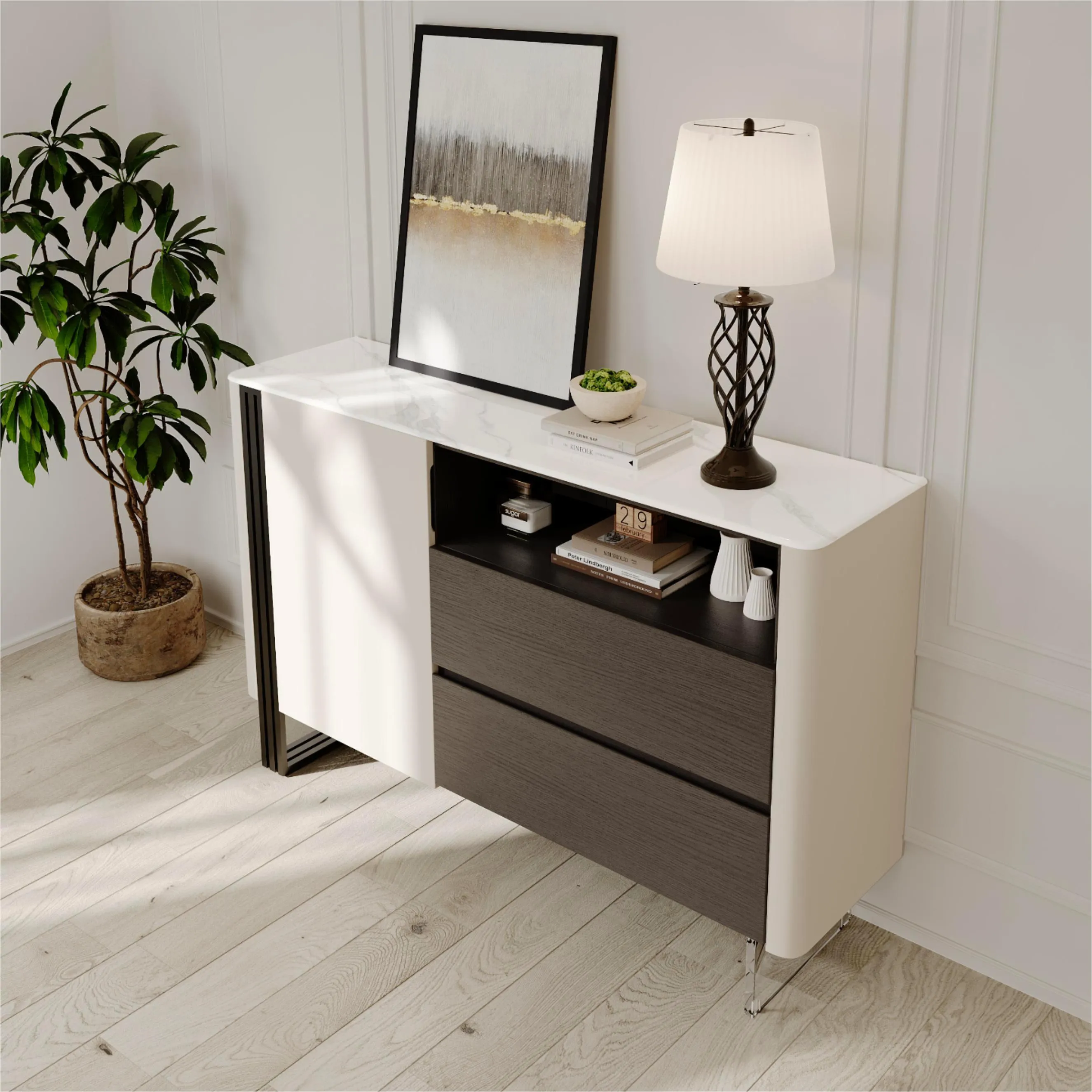 Modern Storage Cabinet with Glossy Crystallized Stone Top