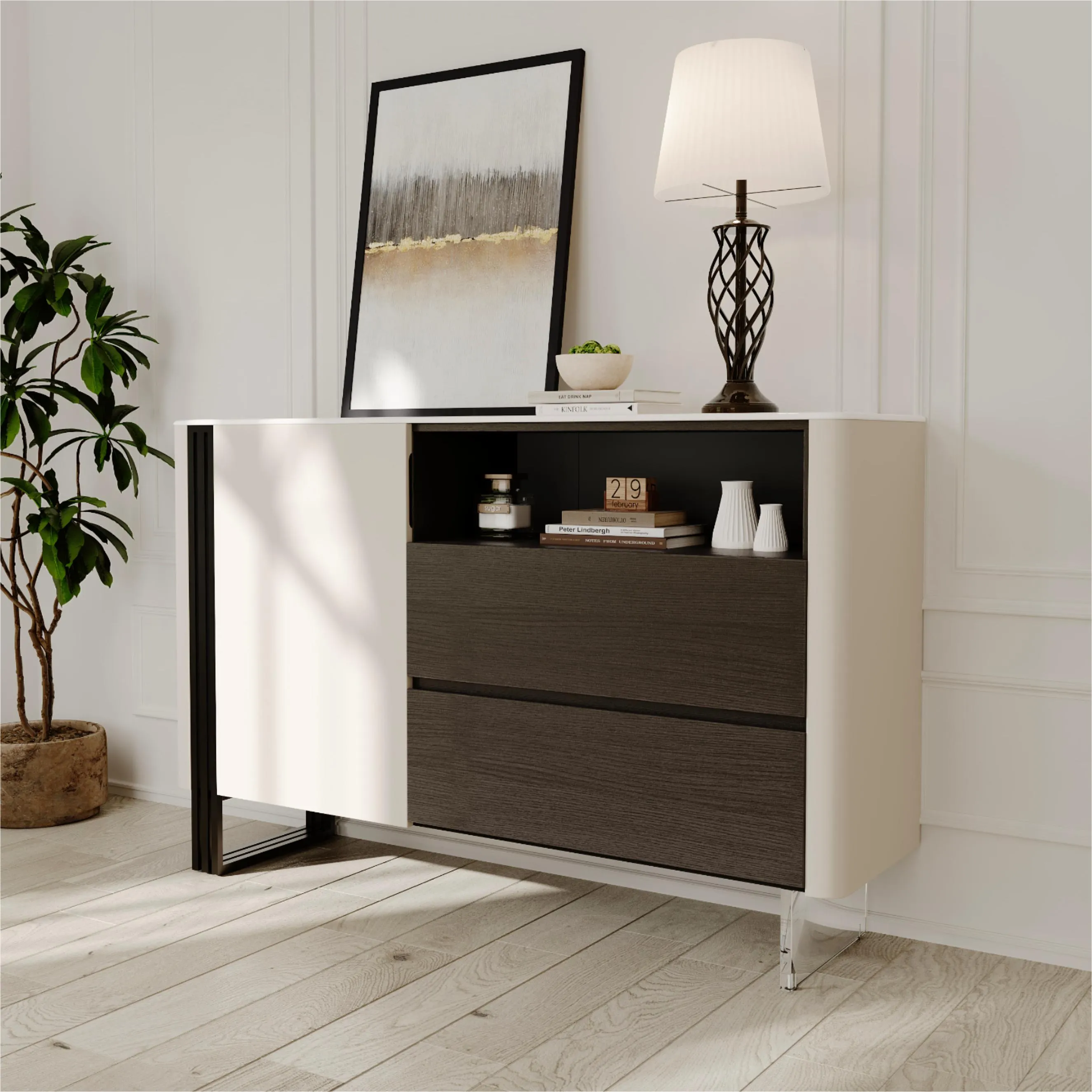 Modern Storage Cabinet with Glossy Crystallized Stone Top