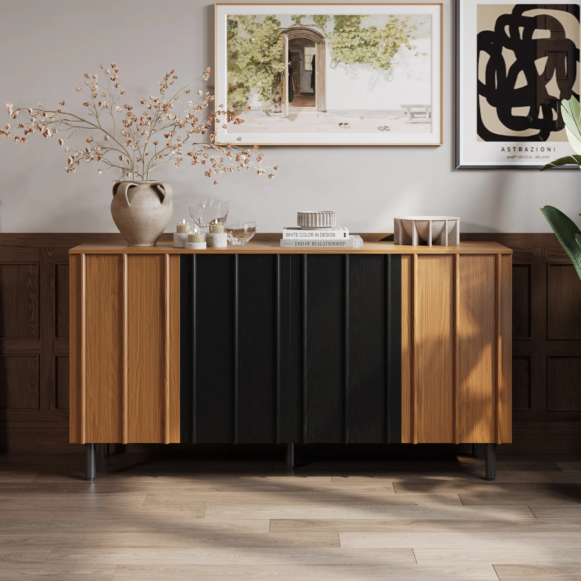 Mid-Century Modern Sideboard Cabinet with Slatted Design