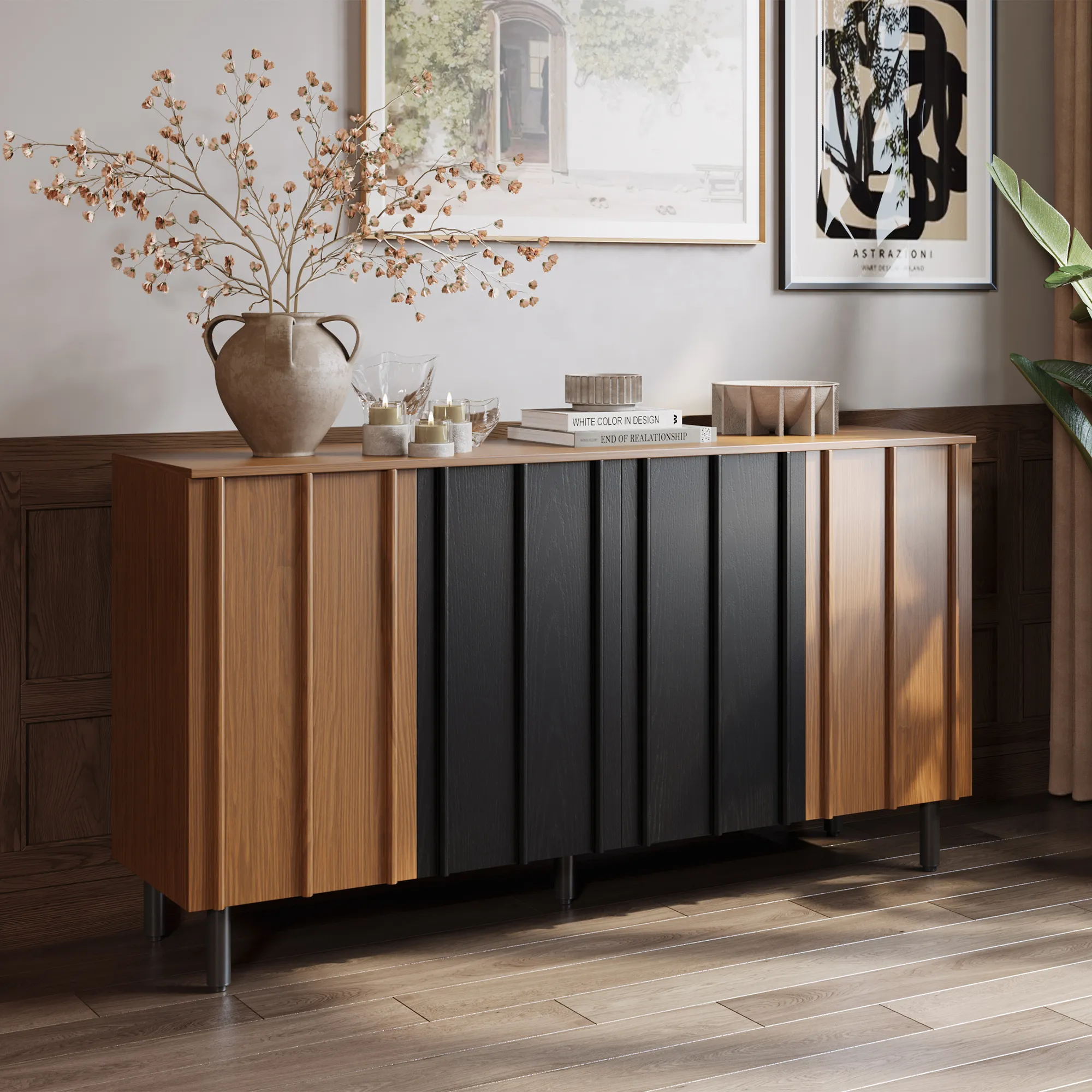 Mid-Century Modern Sideboard Cabinet with Slatted Design